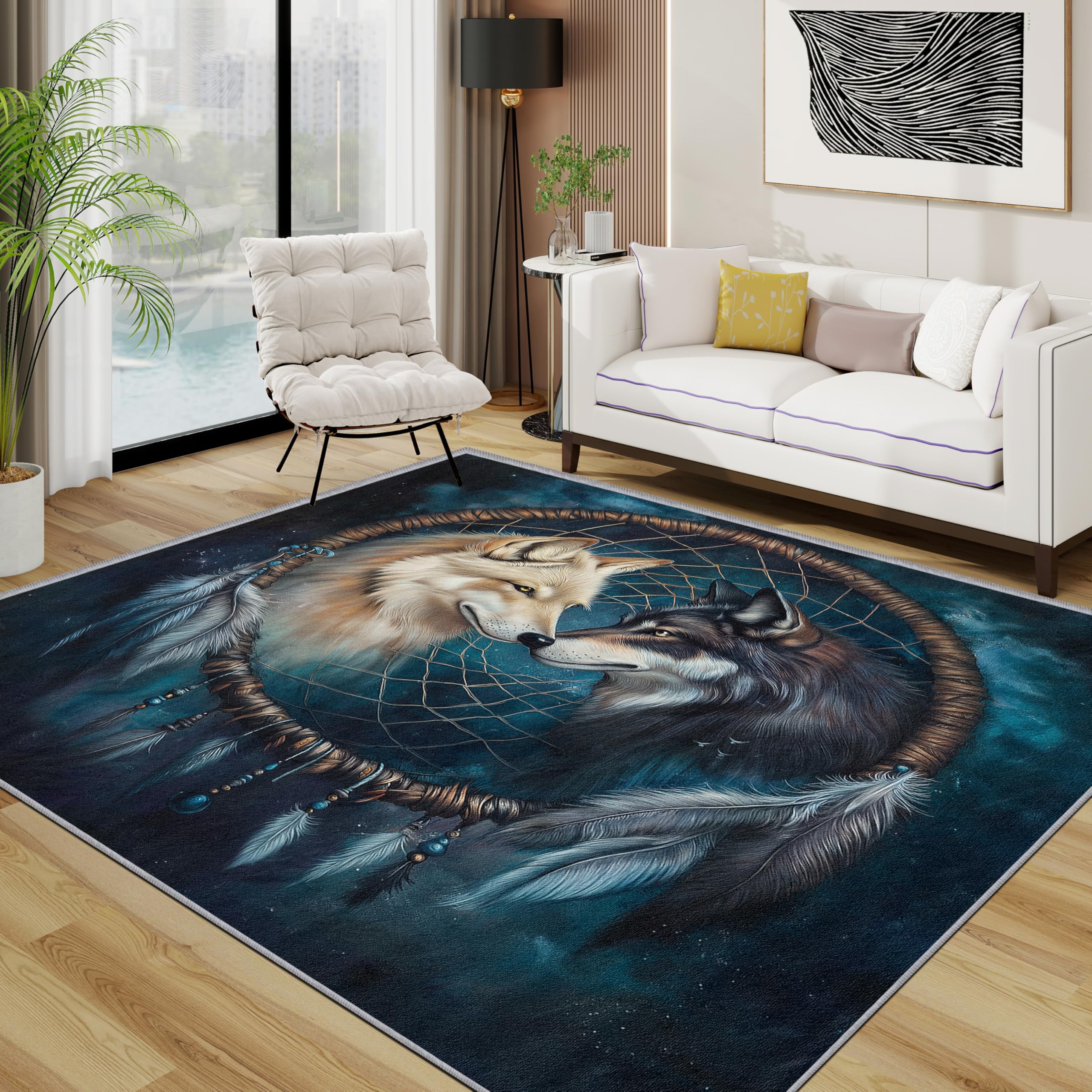 Wolf Teppich Waschbar, Indianische Wölfe Teppich 80x150 cm, Tiere rutschfest Waschbar Pflegeleicht Teppiche Für Schlafzimmer Küche, Dunkelblau