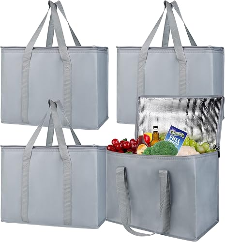 musbus organizador de maletero aislado bolsa refrigeradora para automóvil, 4 paquetes de bolsas de compras aisladas XL-Grandes, cremallera gris