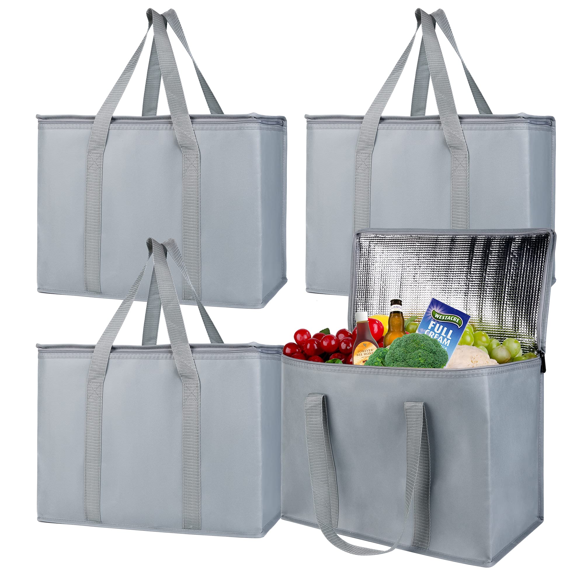 musbus insulated trunk organizer car cooler bag 4 packs XL-Large Insulated Grocery shopping bags, Reusable grey zipped zipper,Collapsible,tote,cooler,