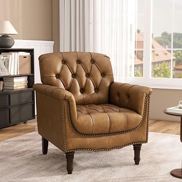 Faux Leather Accent Chair, Modern Armchair Club Chair with Nailhead Trims & Wood Legs for Living Room, Upholstered Comfy Arm Chair Side Chair for Office, Bedroom-Camel