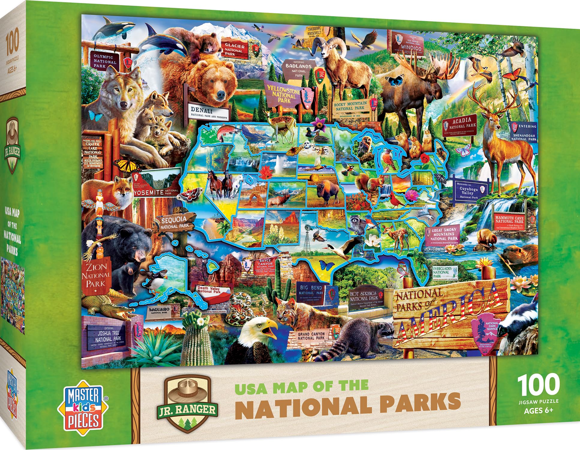 MasterPieces - 100 Piece Jigsaw Puzzle for Kid 6+ Years, National Parks Map, Educational and Fun Game, Gift Idea for Children, 19" x 14"