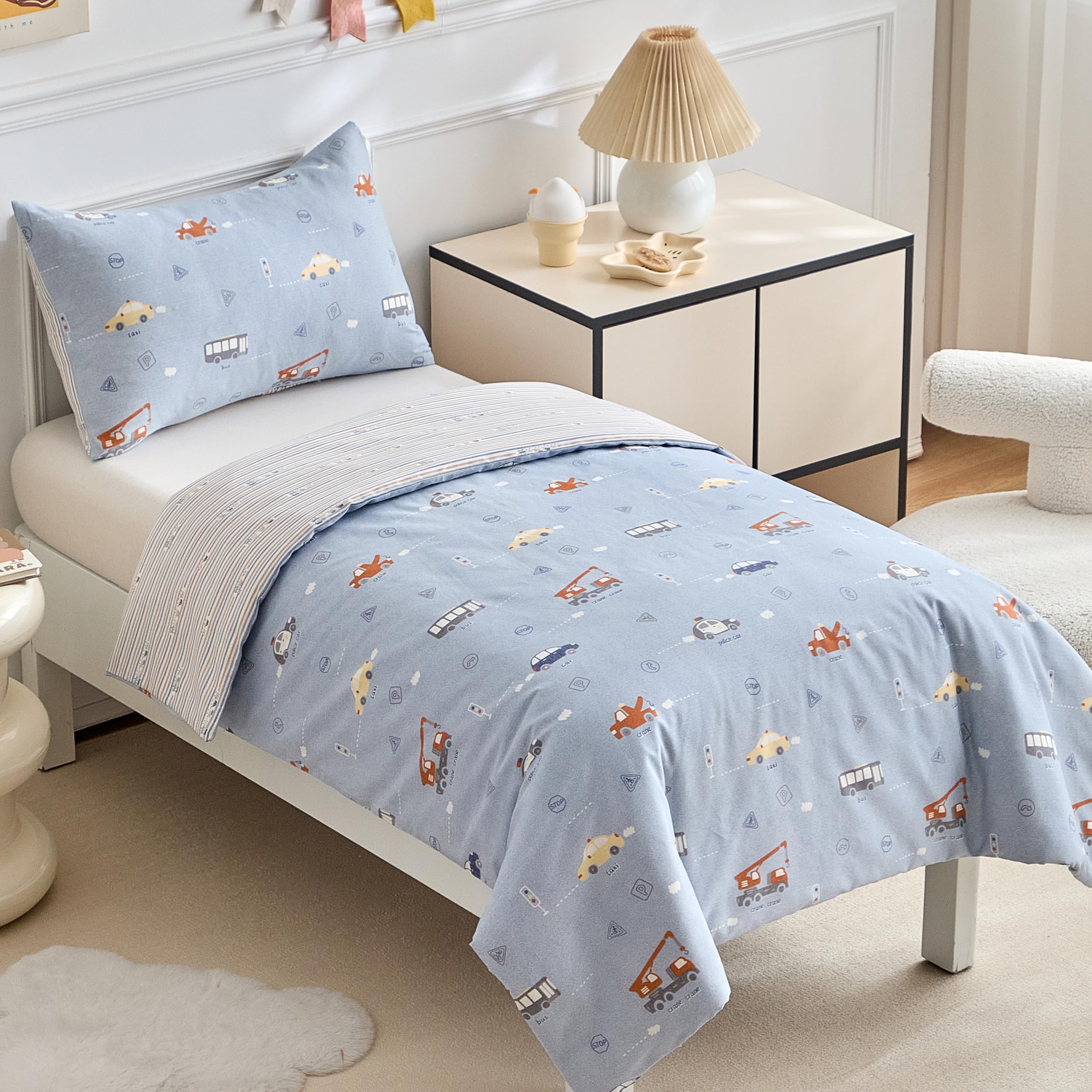 DuShow Cotton Toddler Duvet And Pillowcase Set,Blue Car Cot Bed Duvet Cover Set For Boys,Reversible Junior Toddler Bedding Set,Car-120 x 150 cm - Image 2