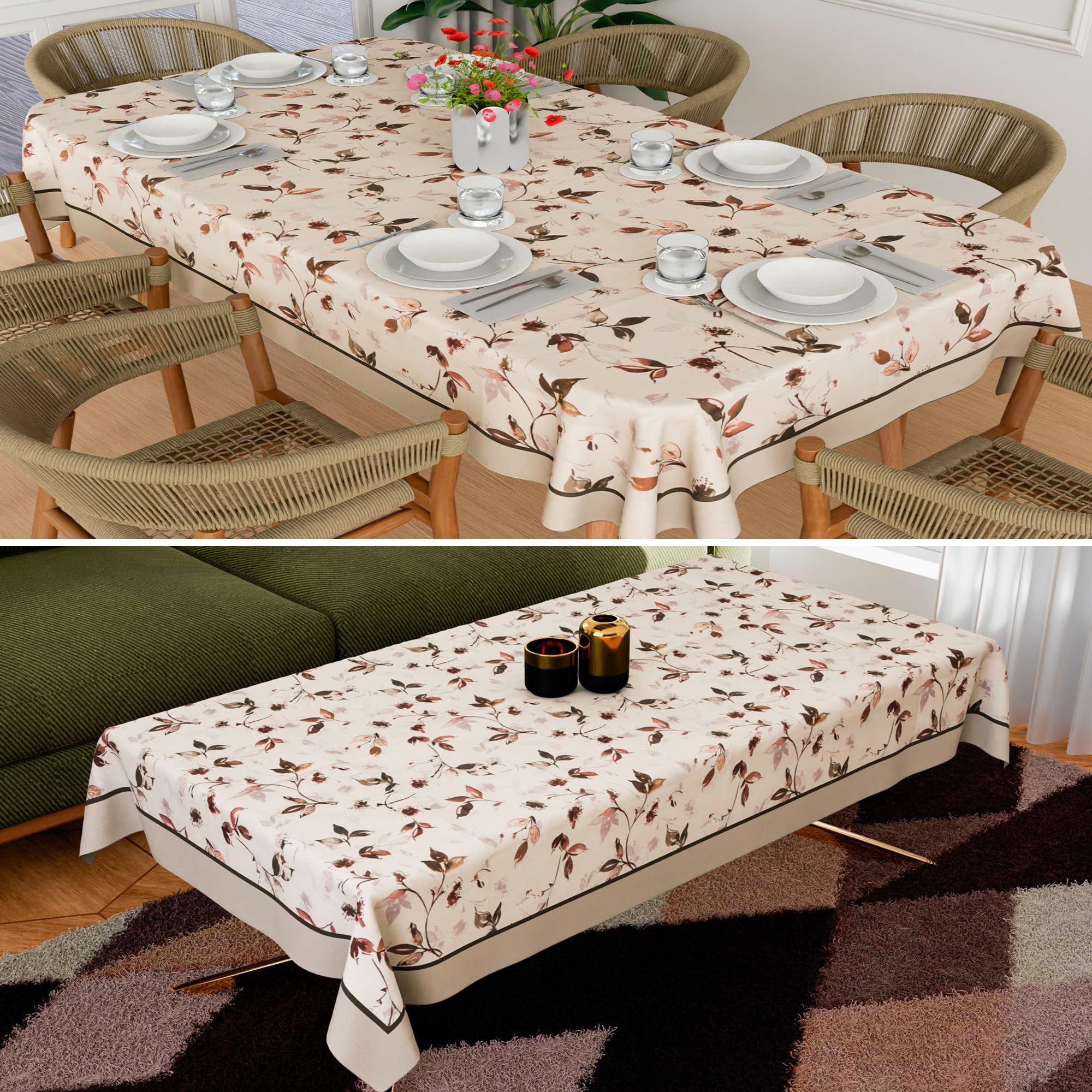 Kuber Industries Center & Dining Table Cover Set | Center & Dining Table Cover Combo Set | Table Protector Cover for Dining & Center Table | Brown Leaf American Slub 0024 | Cream