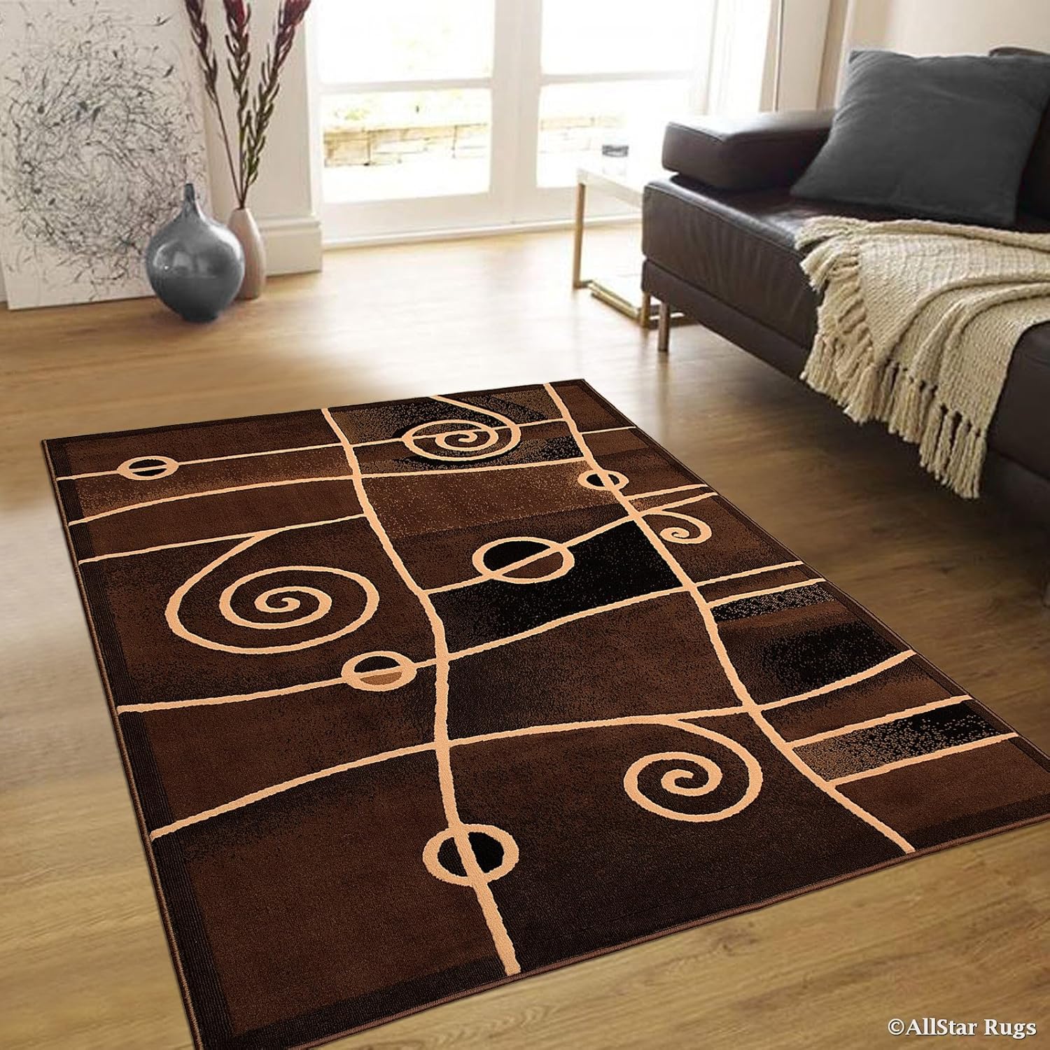 Allstar 2x7 Sage Green, Mocha and Espresso Abstract Machine Carved Runner with Ivory Swirl Design (1' 11" x 7' 1")