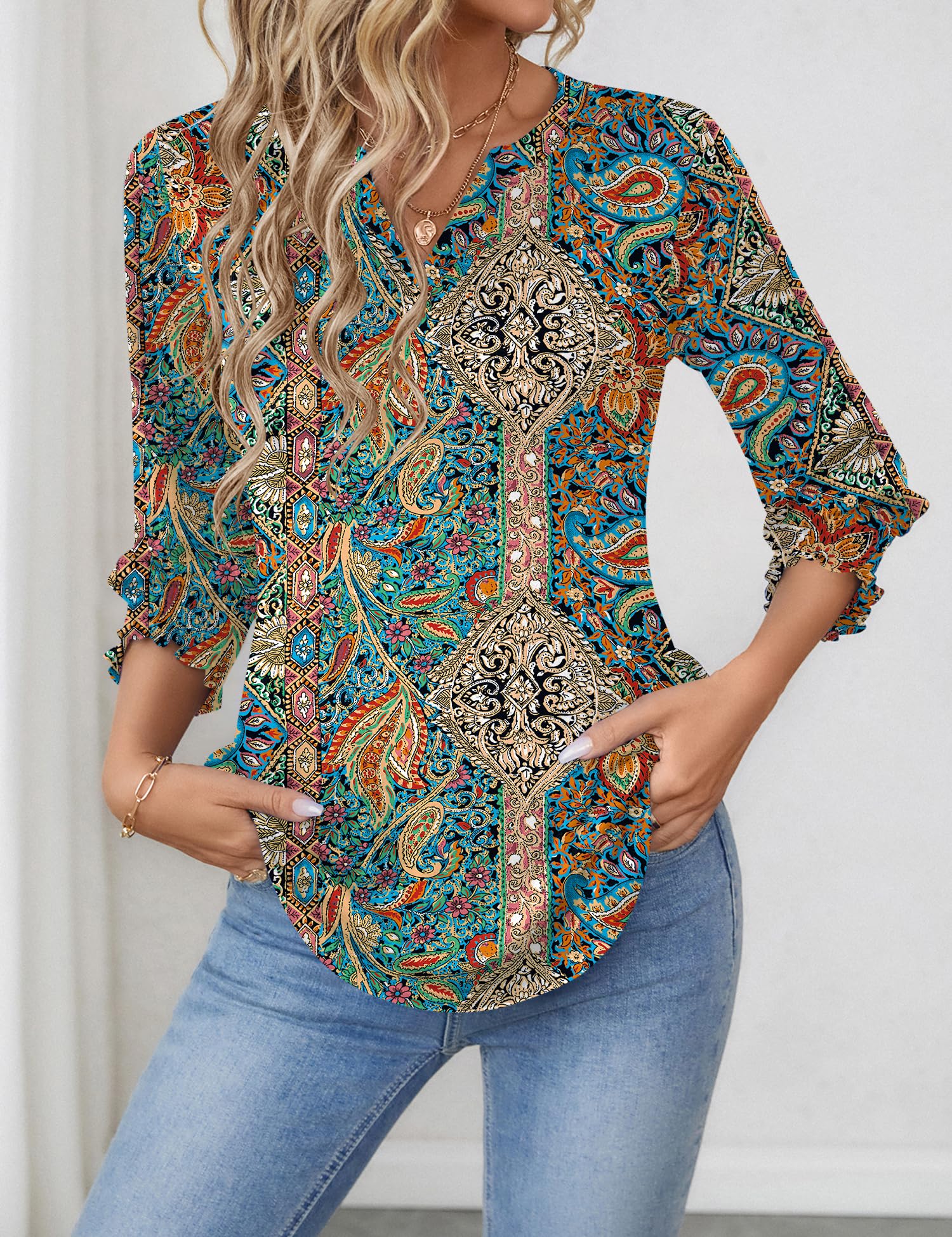 Rapbin Blusa para mujer de manga 3/4 con cuello de pico, túnica, holgada, elegante, informal
