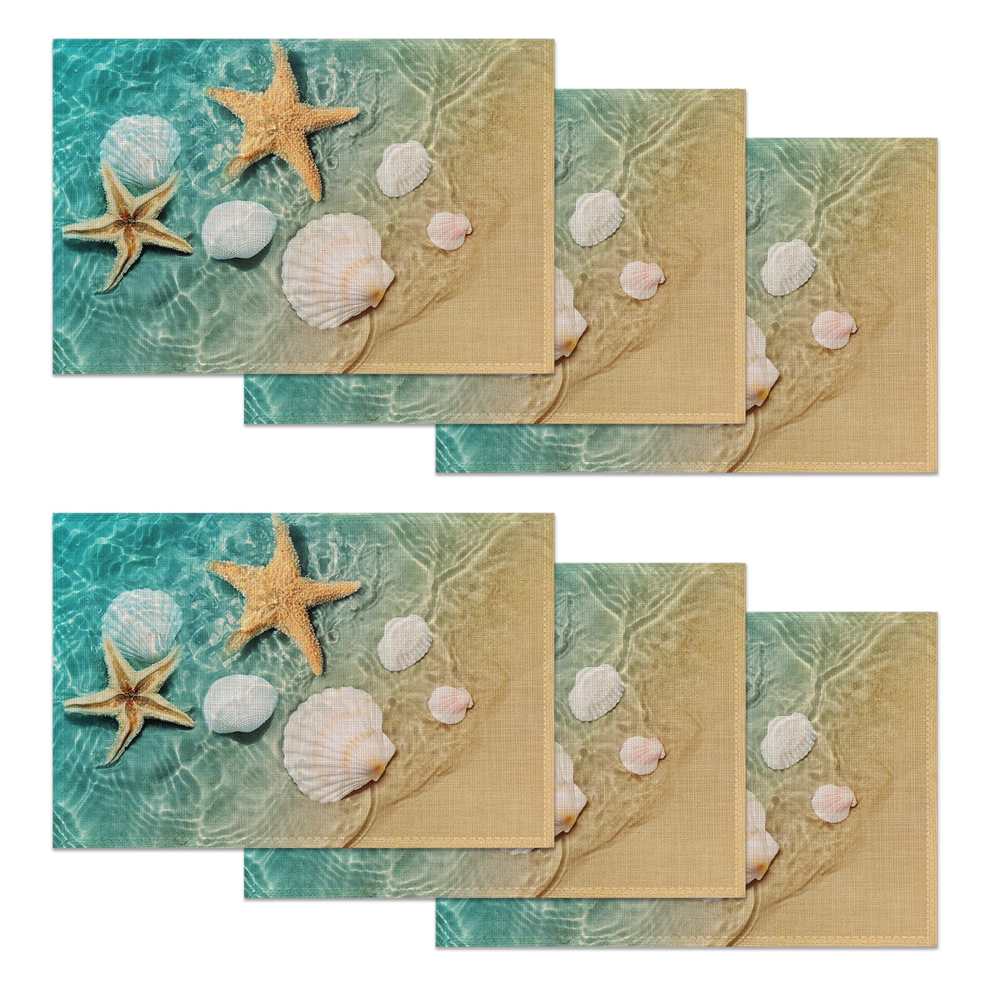 Placemats Set of 6,Starfish Shells Washable Table Mats for Dining or Coffee Table,Beach Heat Resistant Non-Slip Place Mats for Home Party 12"x18"