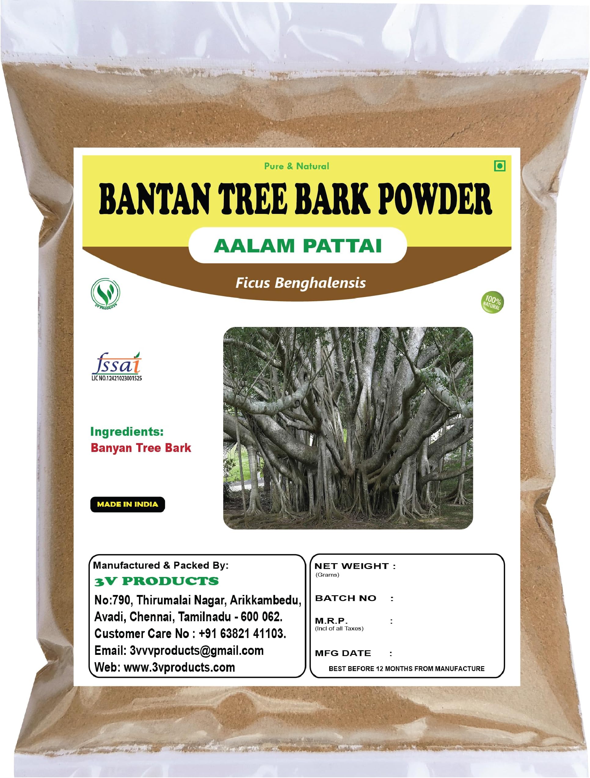 3V PRODUCTS Banyan Tree Bark Powder 100g | Aalam Pattai | Bargad Chaal | Marri Udala | Indian Fig | Ficus Benghalensis Bark