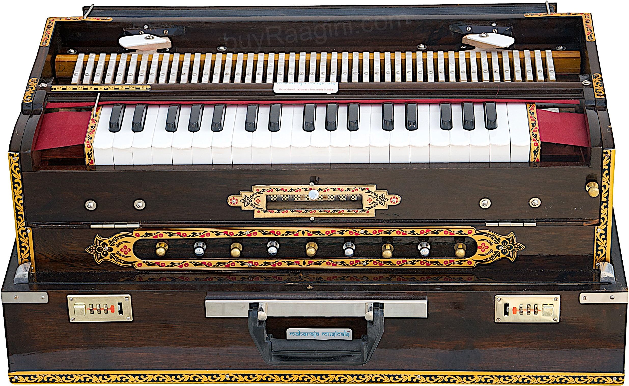 Maharaja Musicals Calcutta Harmonium, Scale Changer, In USA, Concert Quality, Triple Reed, 9 Scales - 3 3/4 Octave, Folding, Coupler, Tuned to A440, Mahogany Color, Padded, Bag (PDI-278)