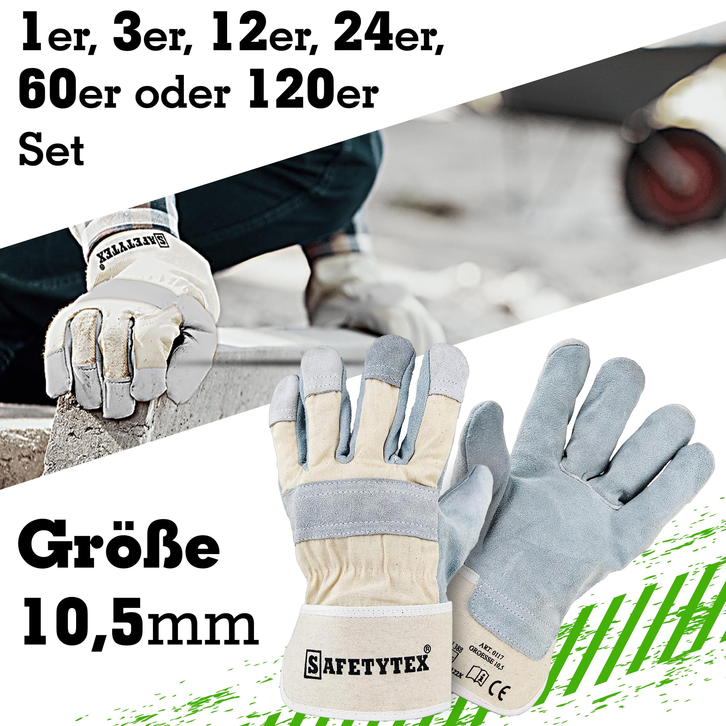 Safetytex Leder Arbeitshandschuhe - Rindspaltleder Handschuhe - Profi Rindspalt Handschuhe mit Canvas Stulpe - Verstärkte Fingerkuppen & Knöchelschutz - Größe 10,5 - Menge wählbar (60 Paar)