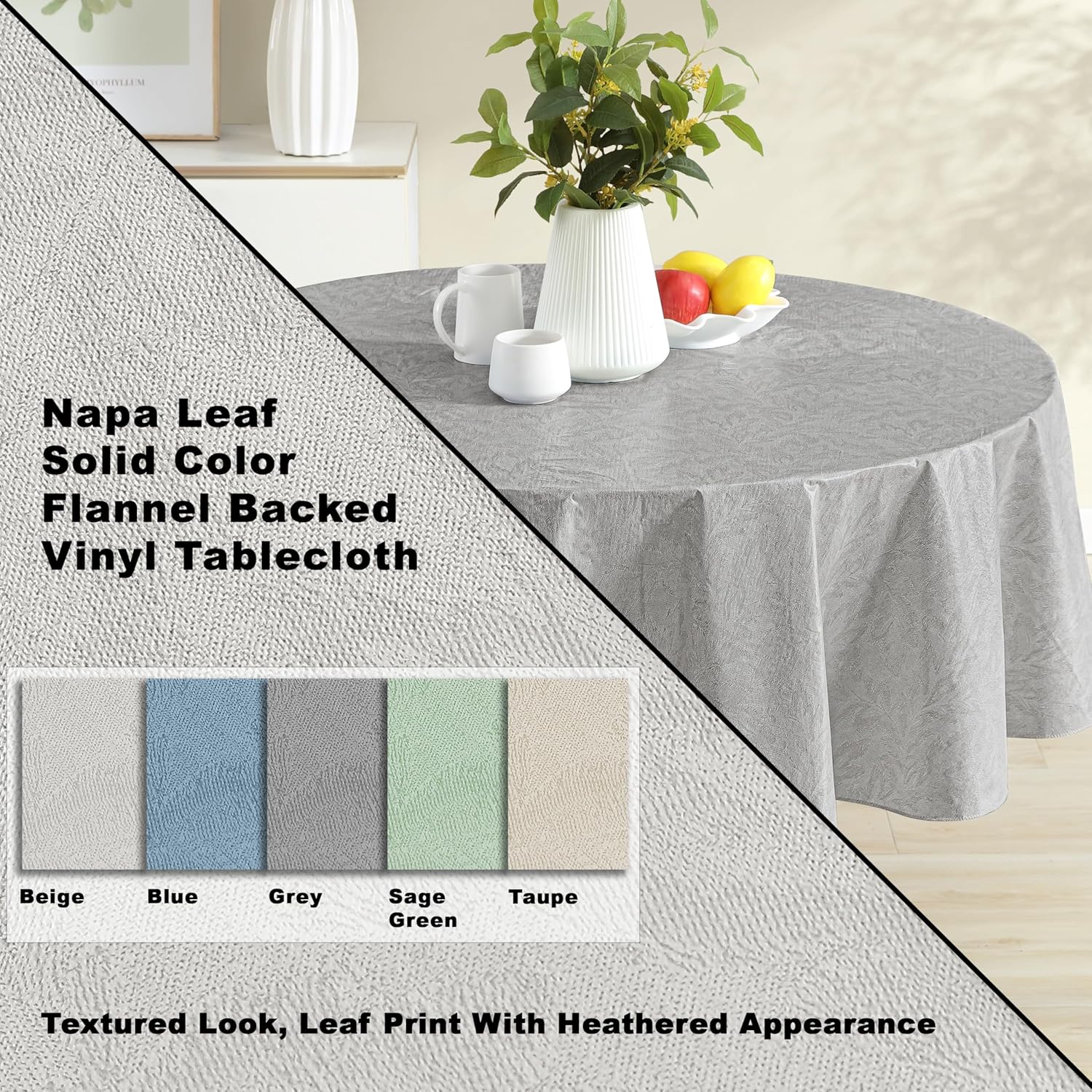 Newbridge Napa Leaf Grey Vinyl Flannel Backed Tablecloth, 70 Inch Zippered Umbrella Round, Hotel Quality Waterproof Indoor Outdoor Table Cover for Kitchen, Patio, Dining, BBQ