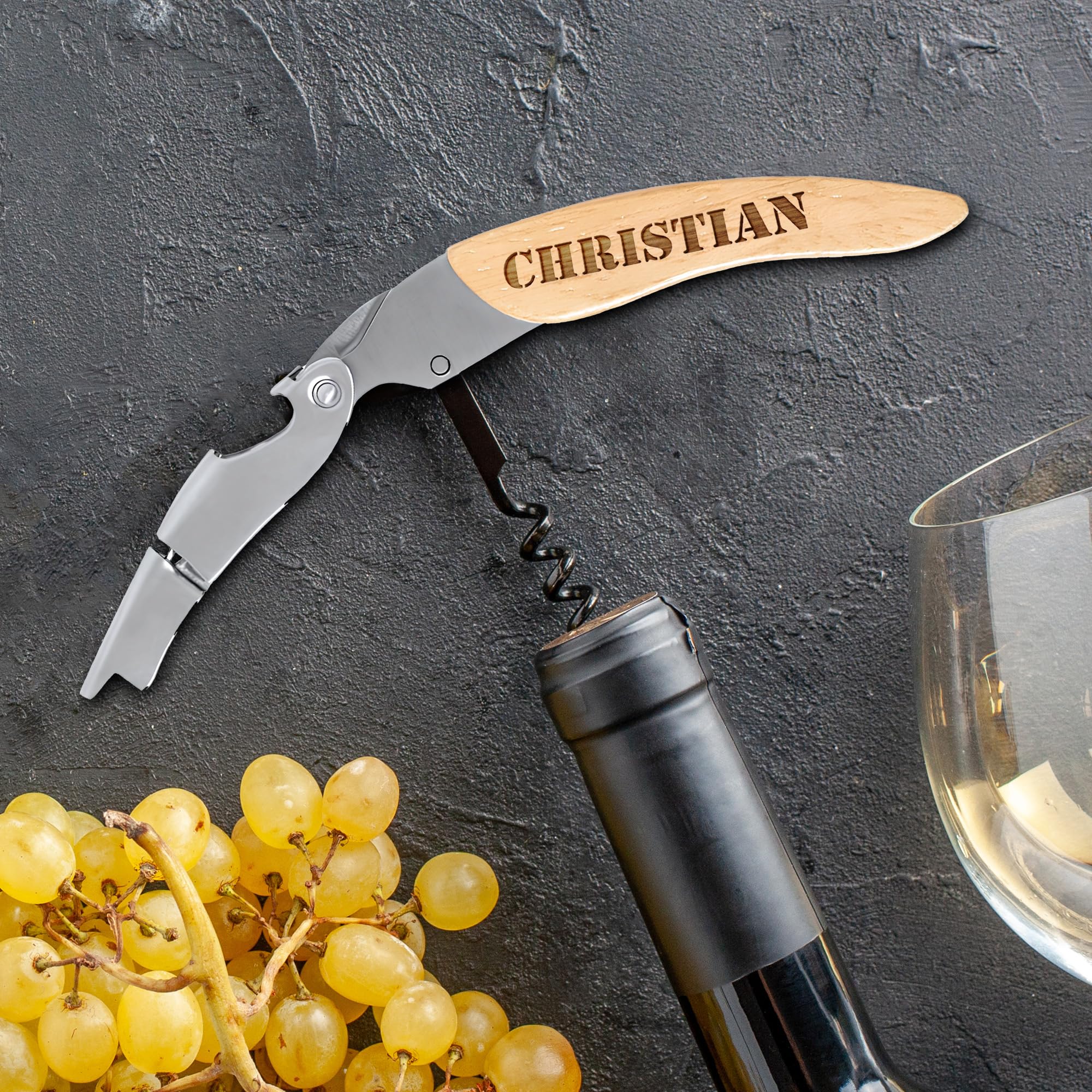 Tire-Bouchon Sommelier Personnalisé Gravé Prénom – Bois Bambou & Acier Inox, Idée Cadeau Homme Fête Des Pères Anniversaire