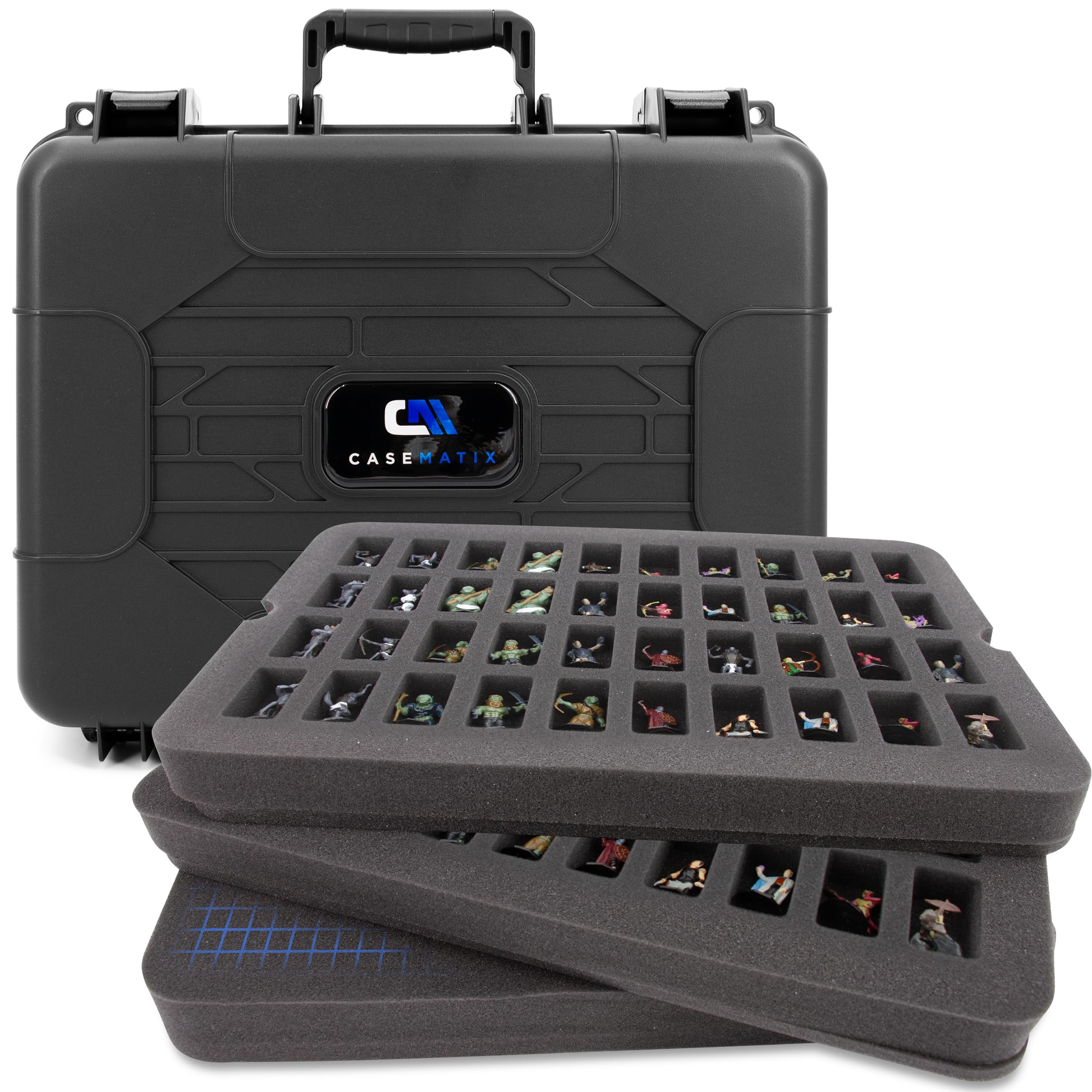 CASEMATIX Miniature Storage Hard Shell Figure Case - 80 Slot Figurine Minature Carrying Case with Customizable Foam Layer for Large Miniatures Compatible with Warhammer 40k, DND & More!