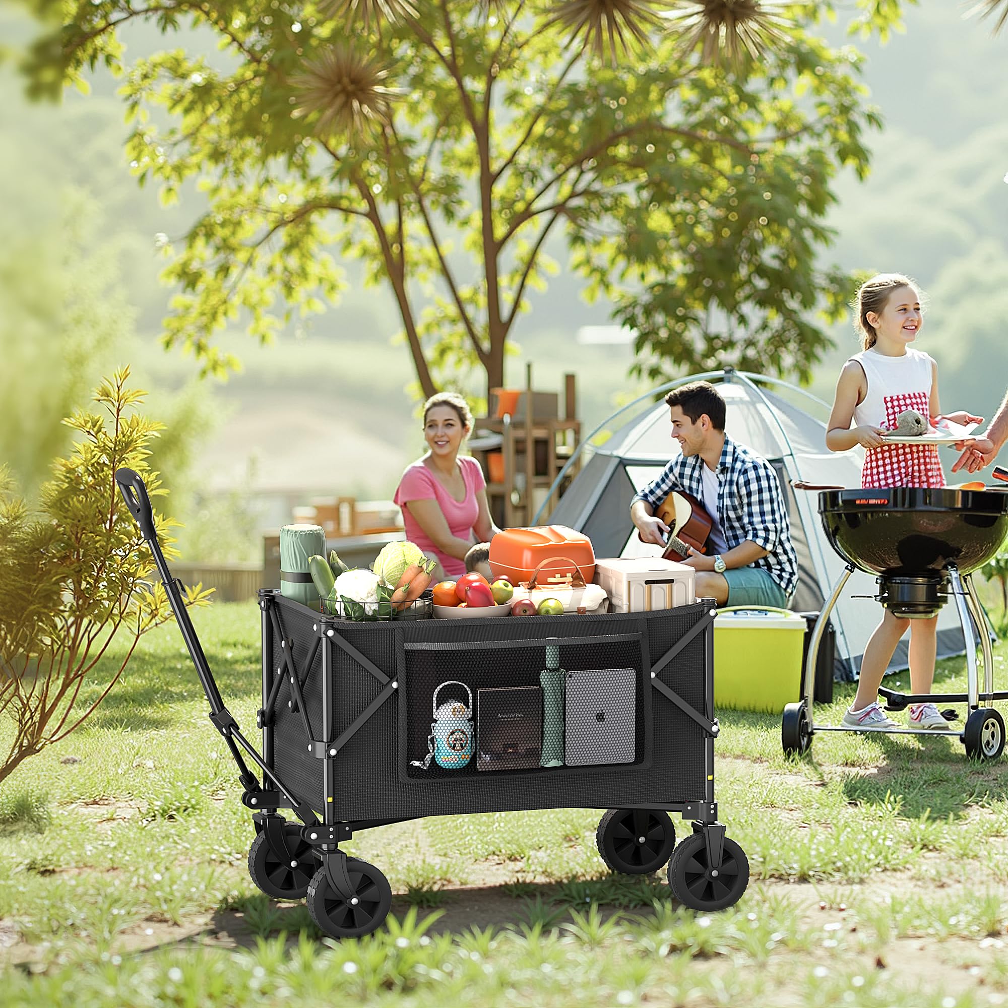 Morpilot Carrello Pieghevole Resistente con Ruote, Carrello Fuoristrada per Giardinaggio, Campeggio, Shopping, Spiaggia e Sport all'aperto, Nero, Capacità Massima 220 Litri e 150 kg