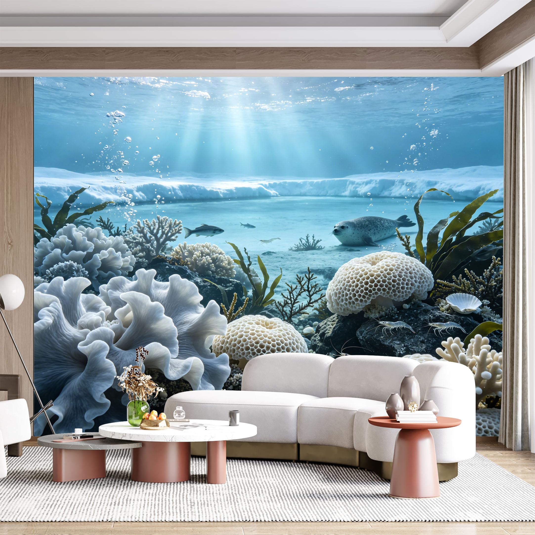 Custom Size Wall Mural Ocean Marine Coral Reef Wildlife Underwater Seascape with Seal and Fish Realistic Painting SelfAdhesive Wall Fabric Removable for Home Office Decor