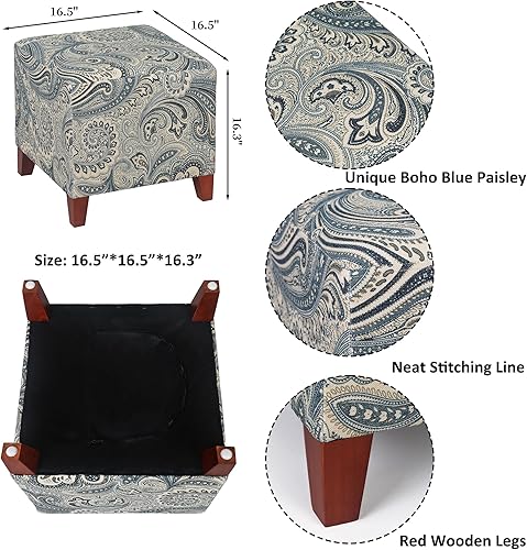 Miniatura 3 de Adeco Reposapiés otomano cuadrado de lino de 16.5 pulgadas, reposapiés cuadrado, reposapiés, asiento cuadrado acolchado con patas de madera para