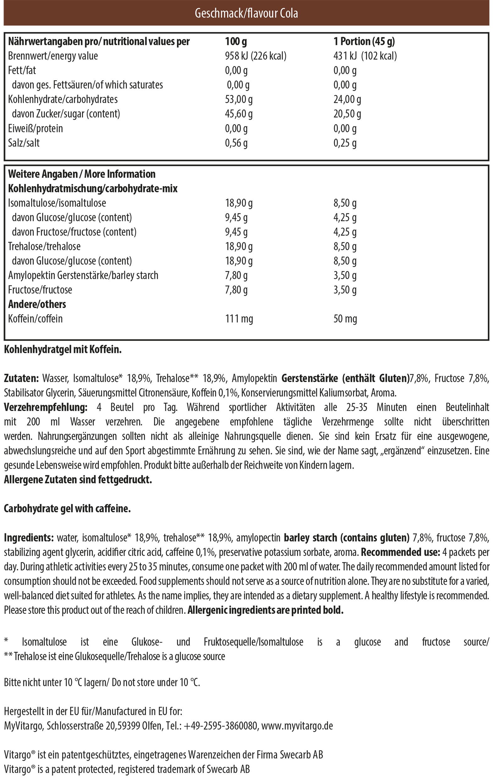 Vitargo Gel - 24 x 45g - Cola • Preparato alimentare in forma di gel per bevanda dietetica a base di carboidrati con caffeina, adatta agli sportivi per il bilanciamento energetico