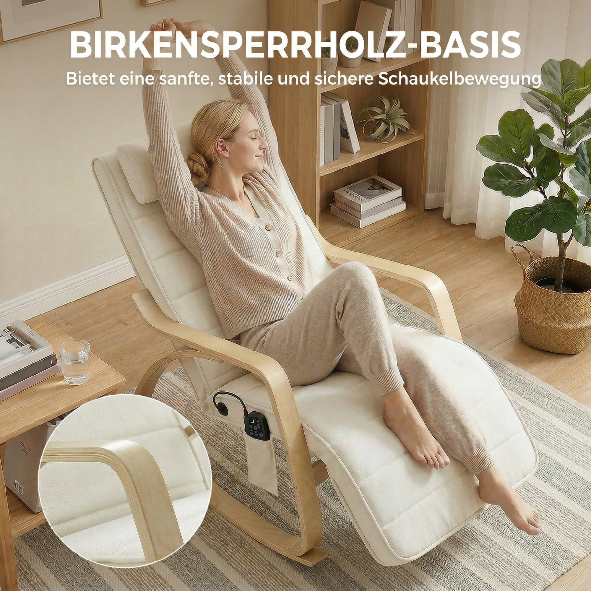 HOMCOM Schaukelstuhl Schaukelsessel mit Massagefunktion Heizung Kopfstütze 5-Fach verstellbare Fußstütze, Relaxstuhl mit Samtoptik Seitentasche, Schwingsessel für Wohnzimmer, Schlafzimmer, Cremeweiß