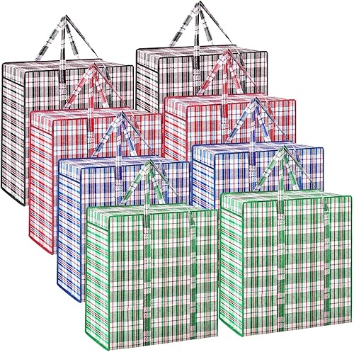 Hoolerry 8 bolsas grandes de plástico para lavandería con cremallera de 82.5 L, bolsa de mudanza a cuadros resistente con asas para empacar ropa,