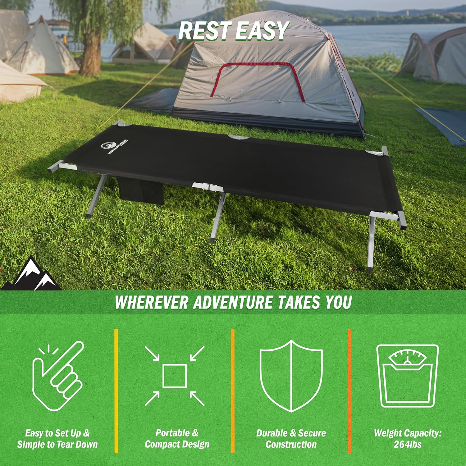 Camping Cot - Portable Folding Camp Bed - 600D Sleeping Cot for Adults with Steel Frame by Wakeman Outdoors (Black)