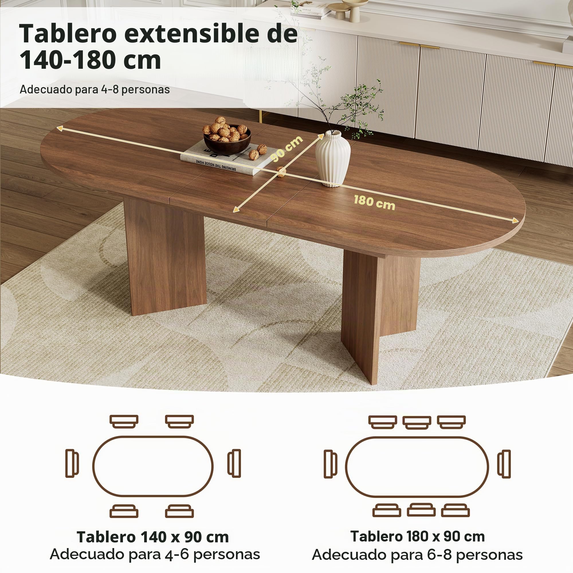 Mesa de comedor extensible 140/180 x 90 cm, adecuada para 6–8 personas, con esquinas redondeadas, tablero de mesa engrosado, mesa de comedor extensible de estilo simple (Nogal, 140/180 x 90 cm)