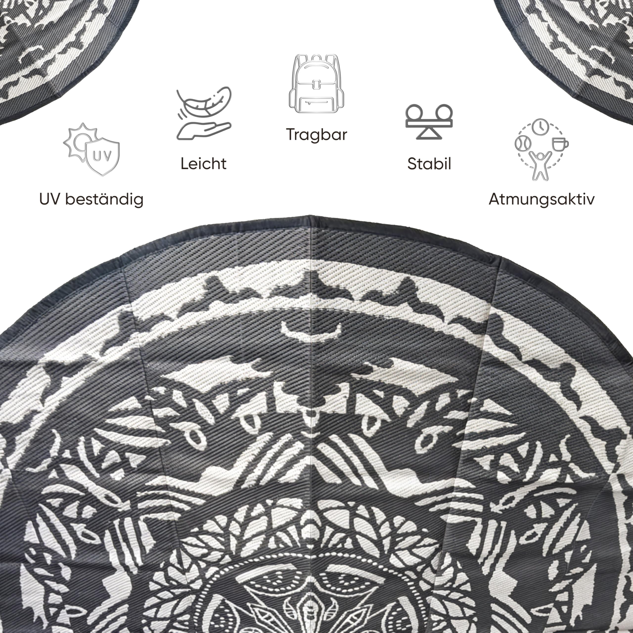 EVOCAMP Outdoor Teppich rund Ø 240 cm, Kunststoffteppich, wetterfest und leicht, Picknickdecke für den Outdoor-Bereich, Vorzeltteppich aus Kunststoff-Fasern, für Terrasse und Balkon (Grau-weiß)