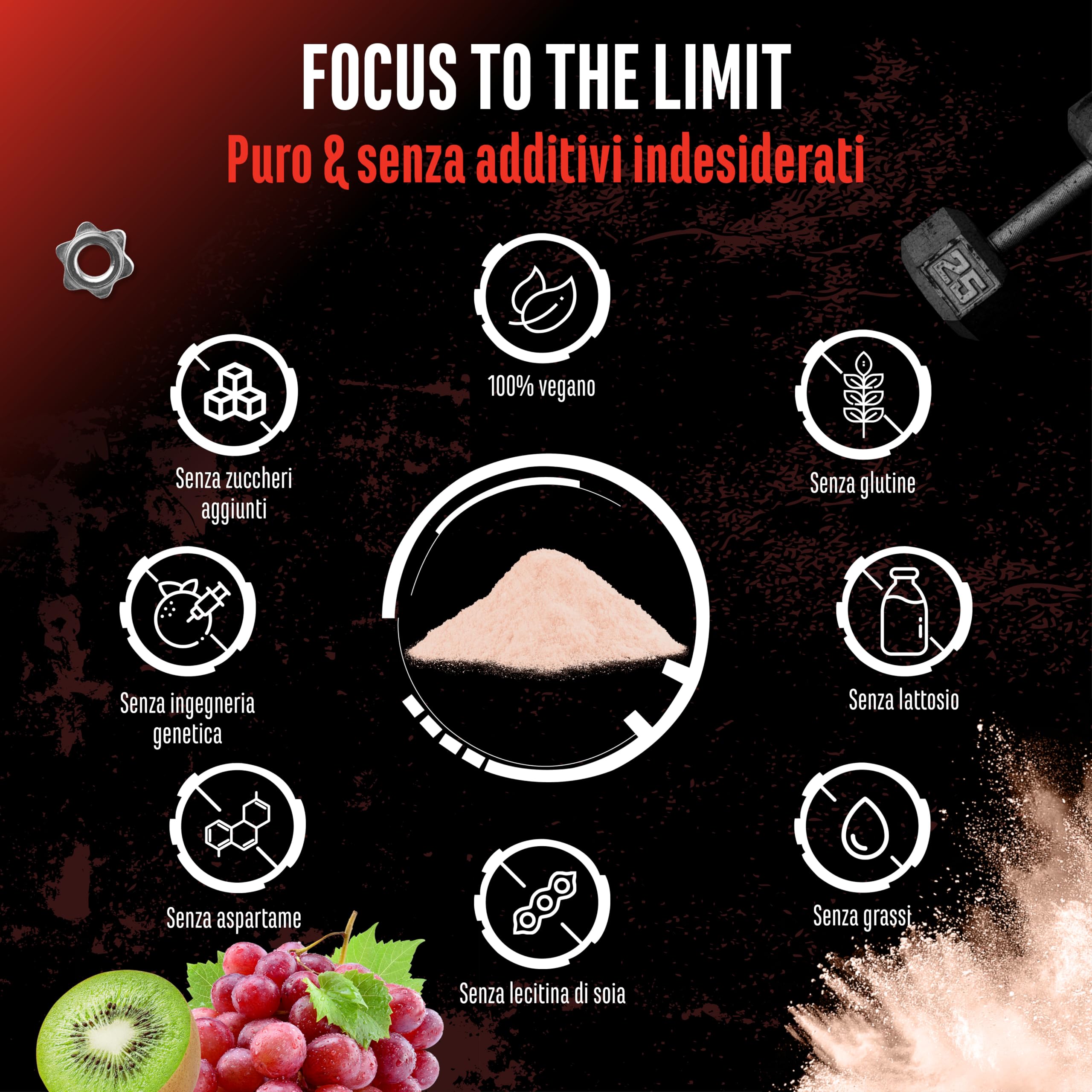 Focus to the Limit - Pre-Allenamento con L-Tirosina + Taurina + Inositolo + Estratto di Ginkgo + Citicolina + Radice di Rosa Rodiola + Caffeina e Vitamine - (240g, Gusto kiwi e uva Rossa)
