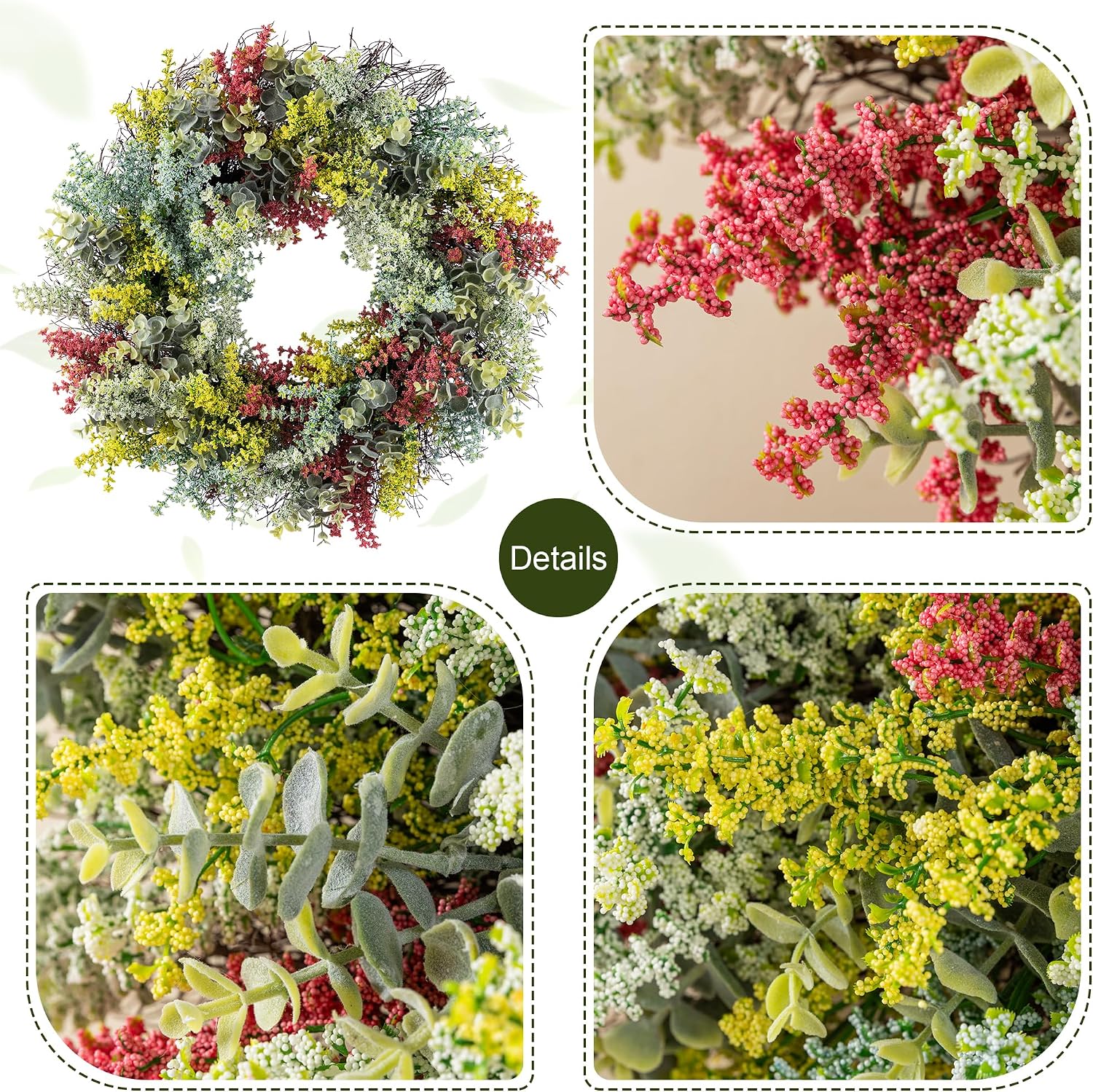 Glitzhome 24" D Large Spring Wreath with Metal Hanger Mixed Floral Eucalyptus Wreath for Front Door Artificial Wreaths for Spring Wedding Festival Summer Indoor Outdoor Decor