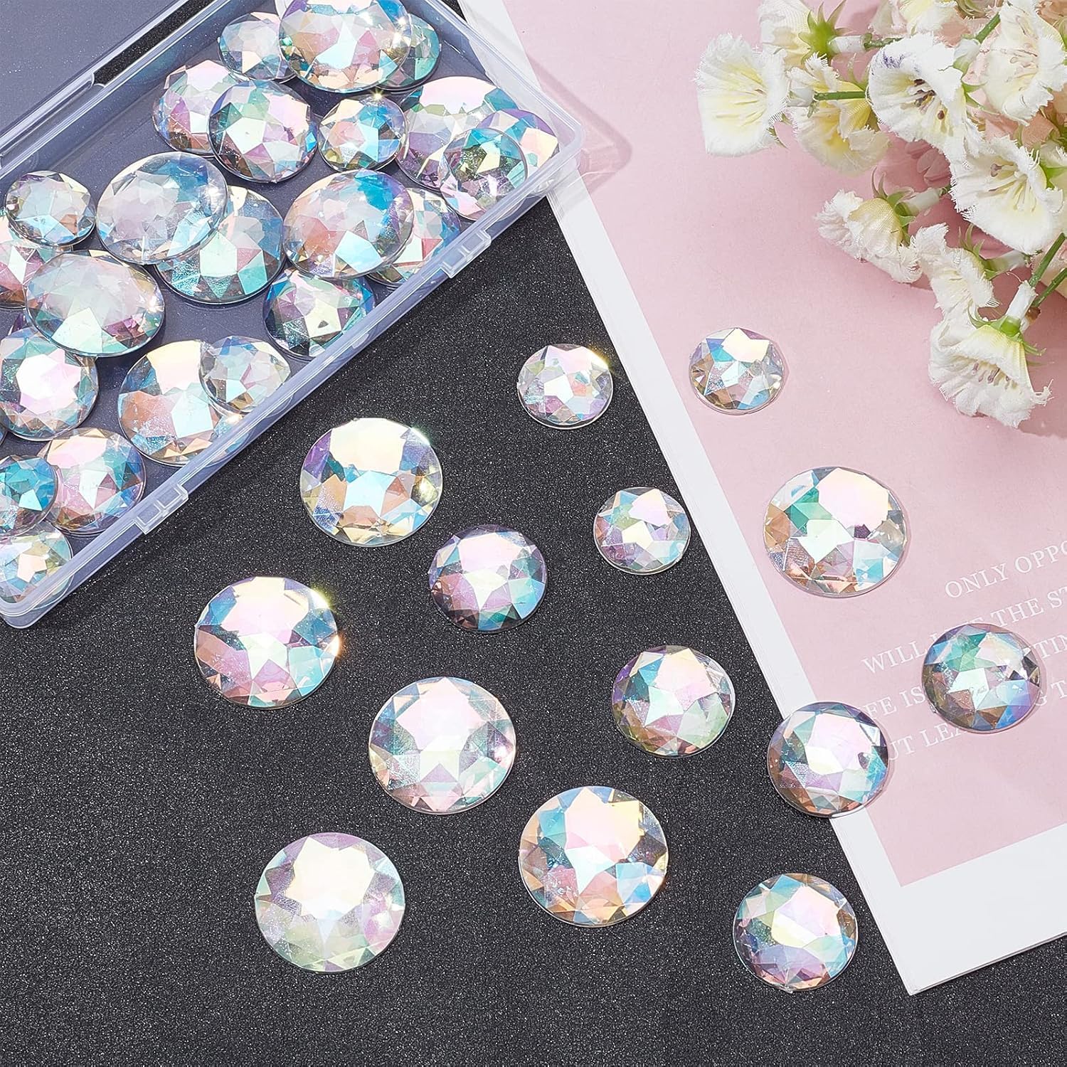 FINGERINSPIRE 30Pcs 30mm Flat Back Round Acrylic Rhinestones with Container Self-Adhesive Crystal Circle Gems Sparkling Plastic Stickers for Costume Making Cosplay Jewels Crafts (Clear AB) - Image 6