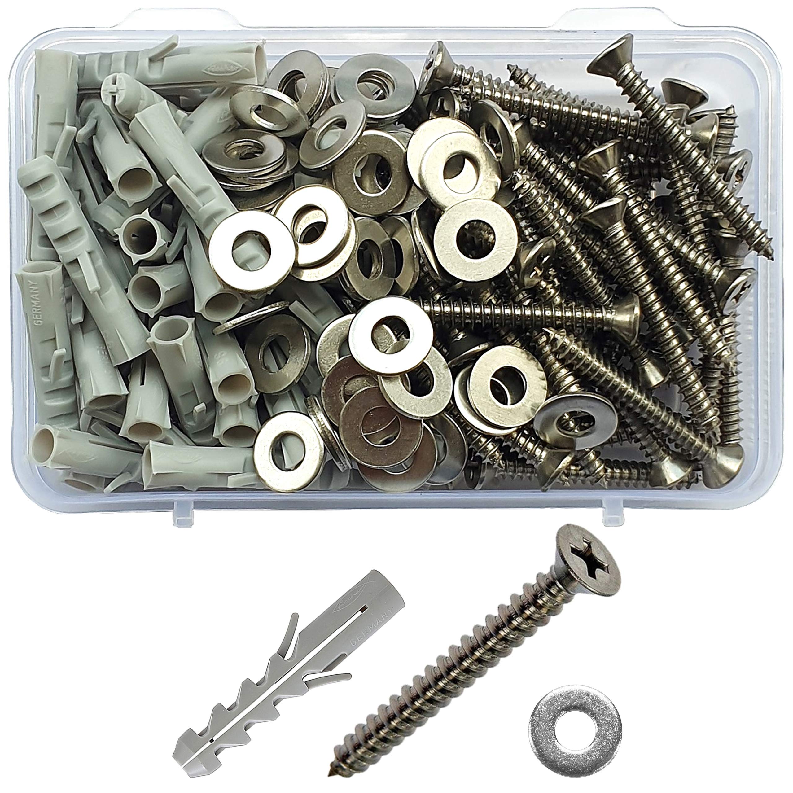 Jaset Innovations Nylon Wall Rawl Plugs / Gitti (6mm Diameter, 30mm Length), 304 Grade Rust Proof Stainless Steel Screw and Washers – Flat Phillips Head Counter Sunk (CSK) Type – Set of 50 – Total 150 pcs Pack