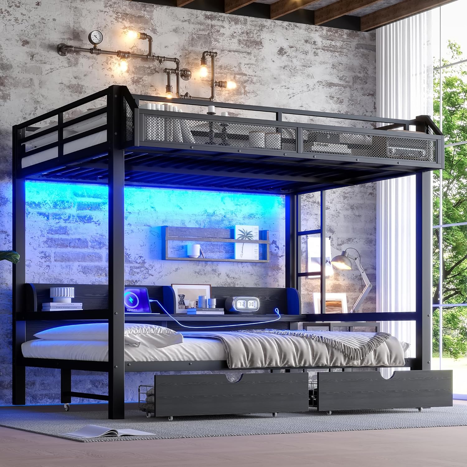 Queen over Queen Bunk Bed with Storage Drawers and Shelves, Metal Bunk Beds with USB Ports and LED Lights, Lower Bed that can be converted into a sofa for Bed Room,Guest Room,Dormitory.(Black)