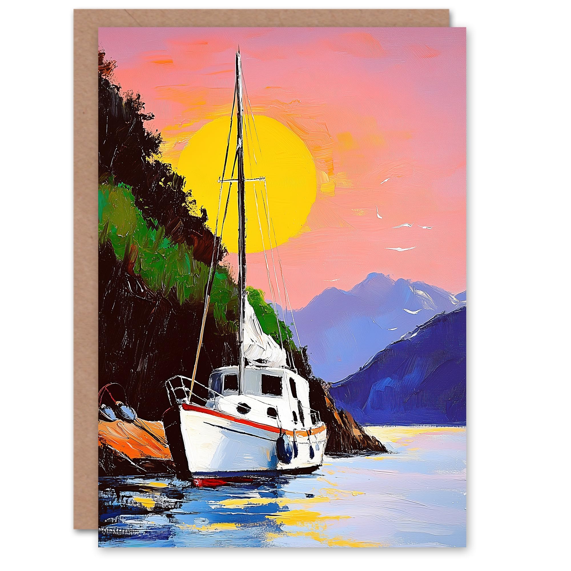 Artery8 Greeting Card - Harbour Sunset Docked Sailboat Coastal Landscape Bon Voyage