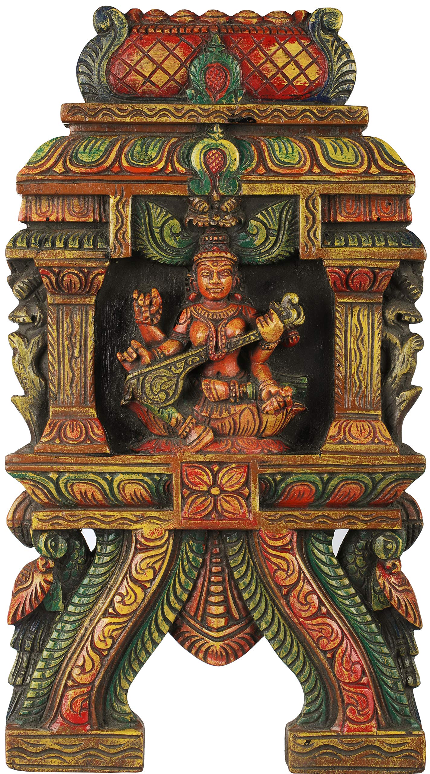 Idée cadeau pendaison de crémaillère : panneau Saraswati en bois de temple indien