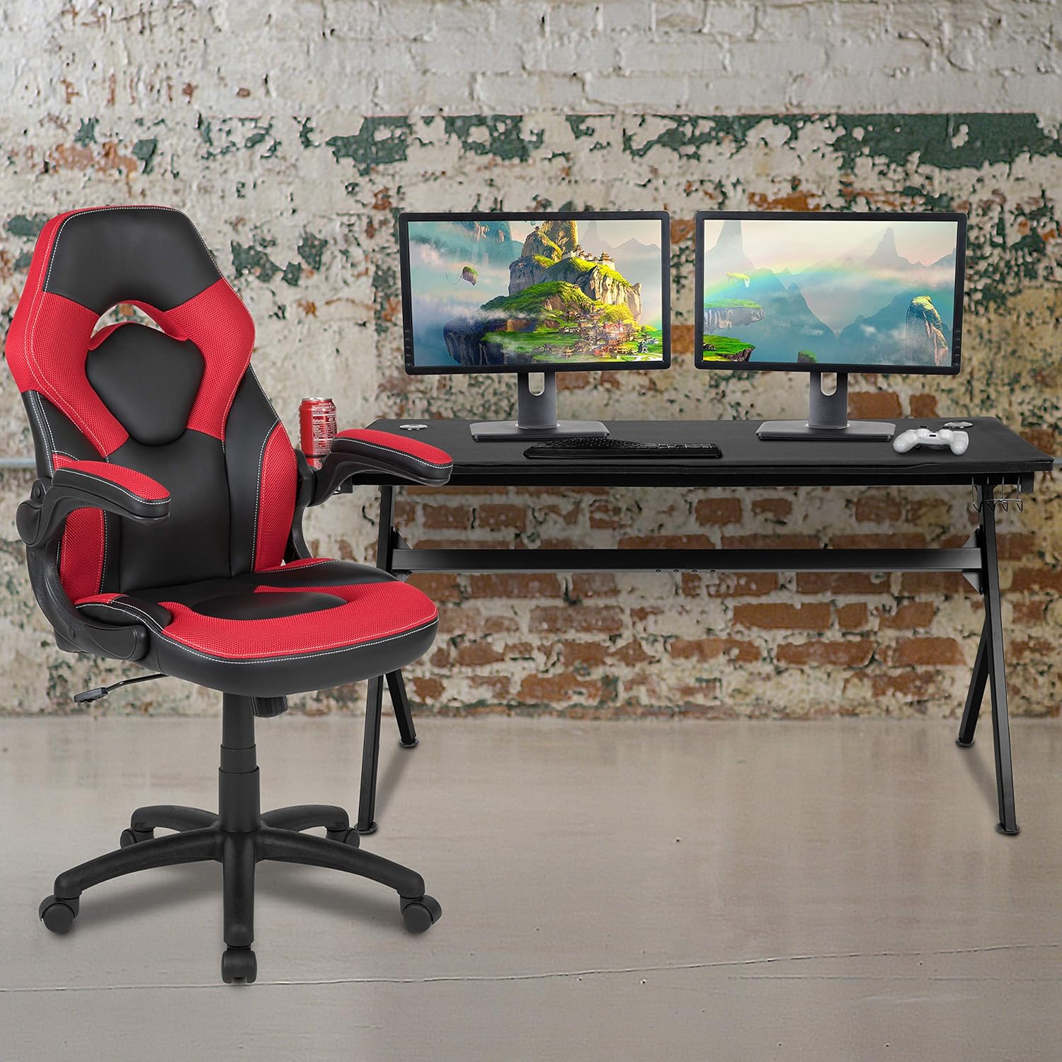BizChair Gaming Desk and Red/Black Racing Chair Set /Cup Holder/Headphone Hook/Removable Mouse Pad Top – 2 Wire Management Holes