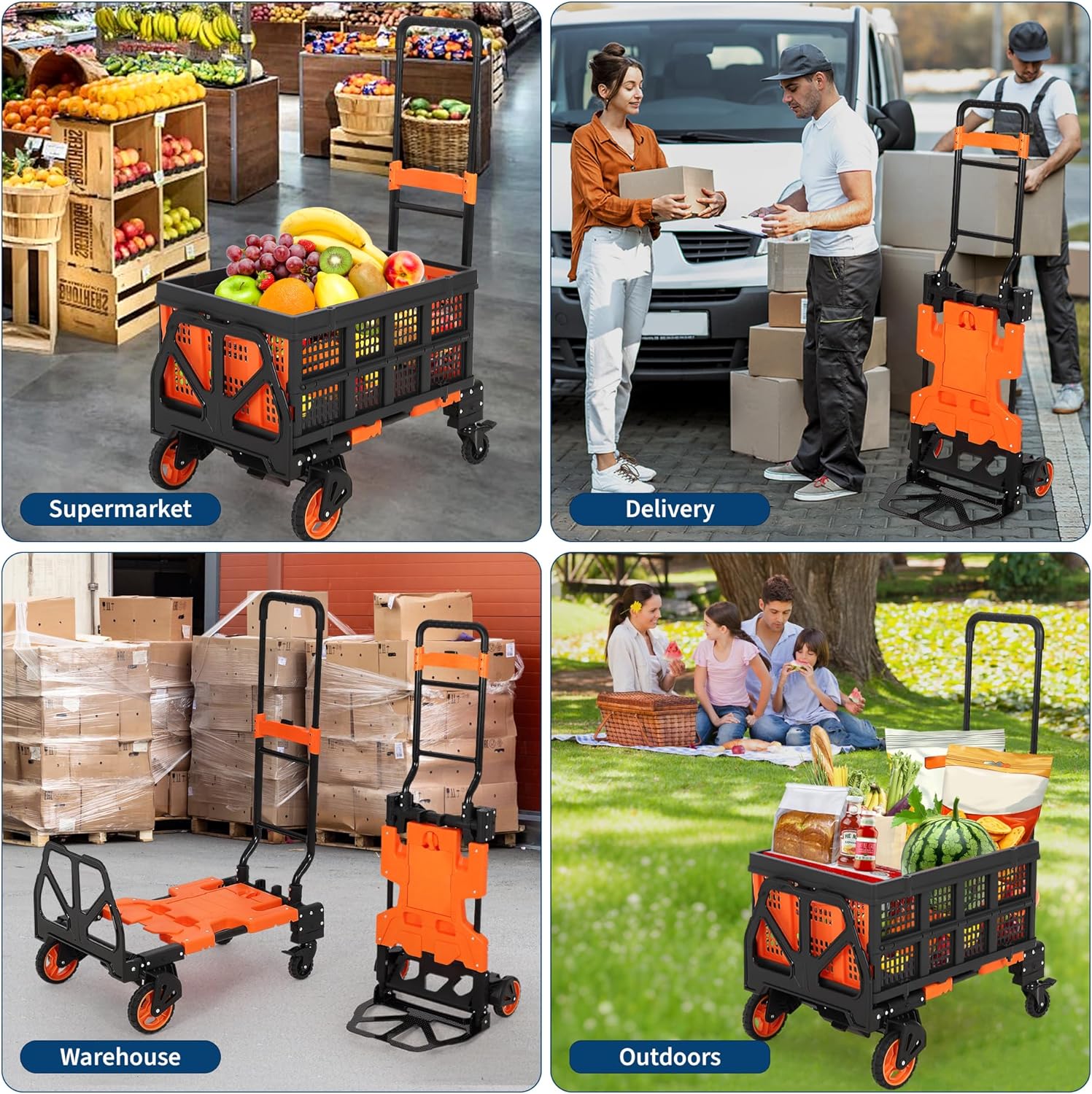 Versatile 2-in-1 Folding Hand Truck Dolly – Collapsible Basket, Retractable Handle, 4 Wheels – Heavy Duty Moving and Shopping Platform, 330 Lb Capacity, Foldable and Compact for Easy Storage