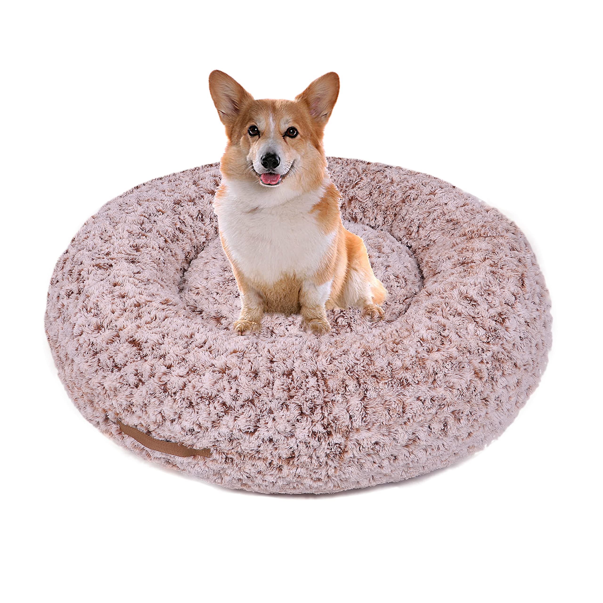 MYCUTIEDog Bed Cat Donut 2in1, Pet Puppy Calming Comfortable Soft Fur, Cuddler Round Cushion Medium Size, Machine Washable Removable Cover Non-Slip Bottom 28inch Brown Brown-28”