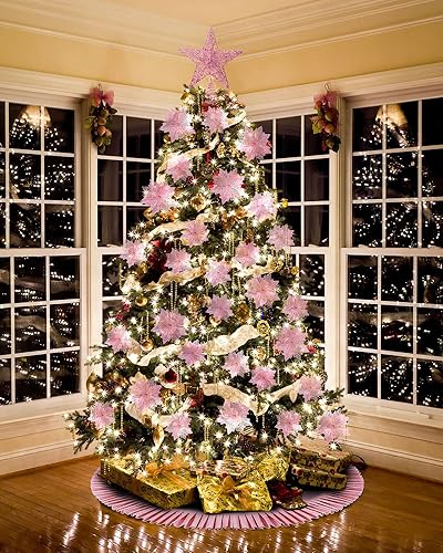 Miniatura 7 de Sratte Decoración de árbol de Navidad con purpurina de 6 pulgadas, estrella de Navidad de metal de 31.5 pulgadas, falda de árbol de Navidad con