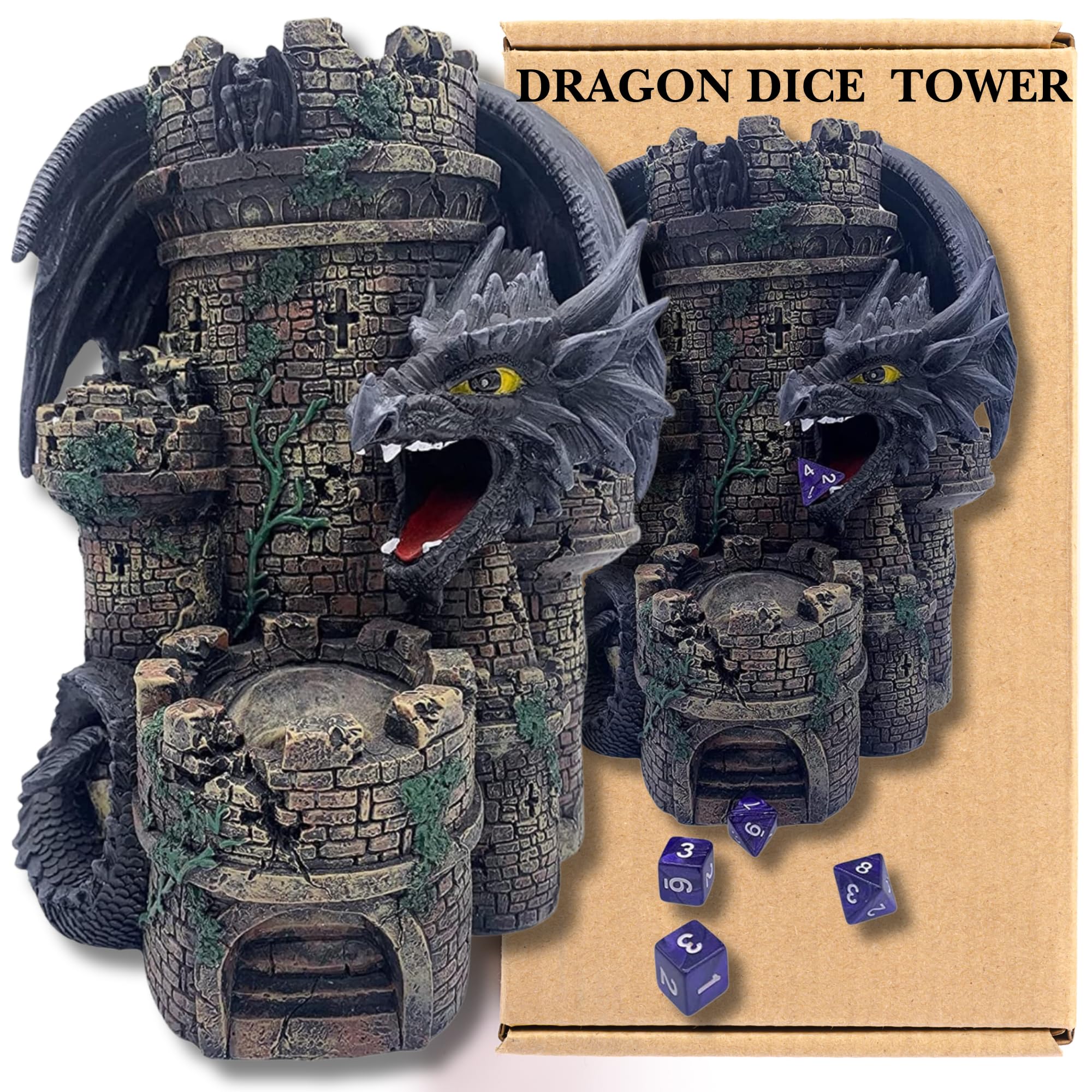 Grinning Gargoyle Black Dragon's DnD Dice Tower for Rolling Dice - Hand Painted 26cm Dice Rolling Tower - Great for Role-Playing Games and Tabletop Gaming - Amazing Dice Shaker - Dragon Dice Tower