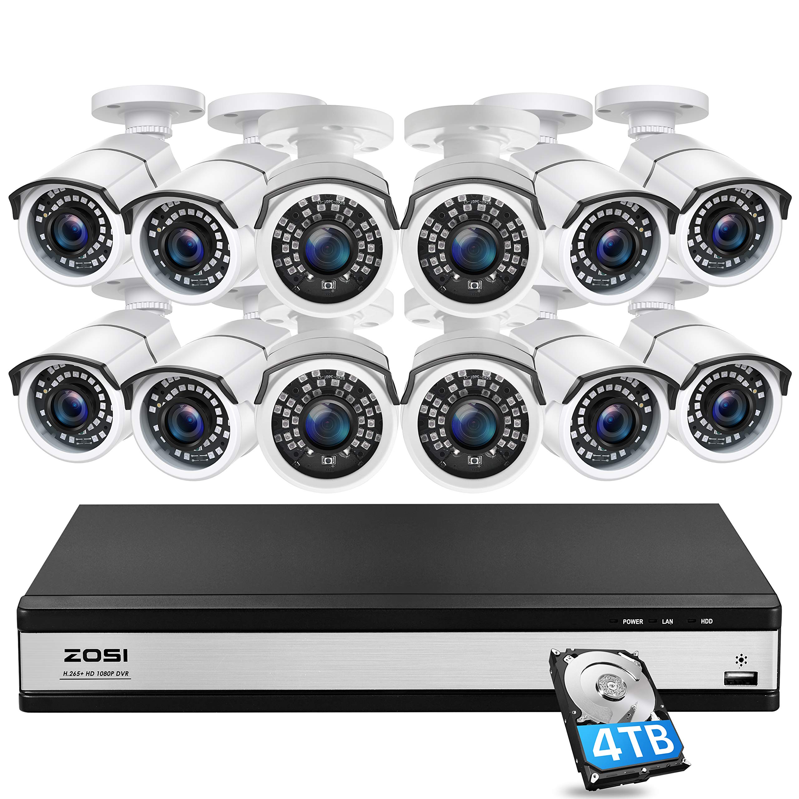 ZOSI H.265+ 1080p 16 Channel Security Camera System for Home,16 Channel DVR with Hard Drive 4TB and 12 x 1080p Surveillanc...