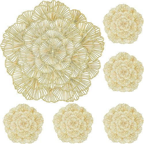 Juego de 6 manteles individuales redondos con diseño de flores doradas, manteles individuales metálicos de vinilo para mesa de comedor, cocina,