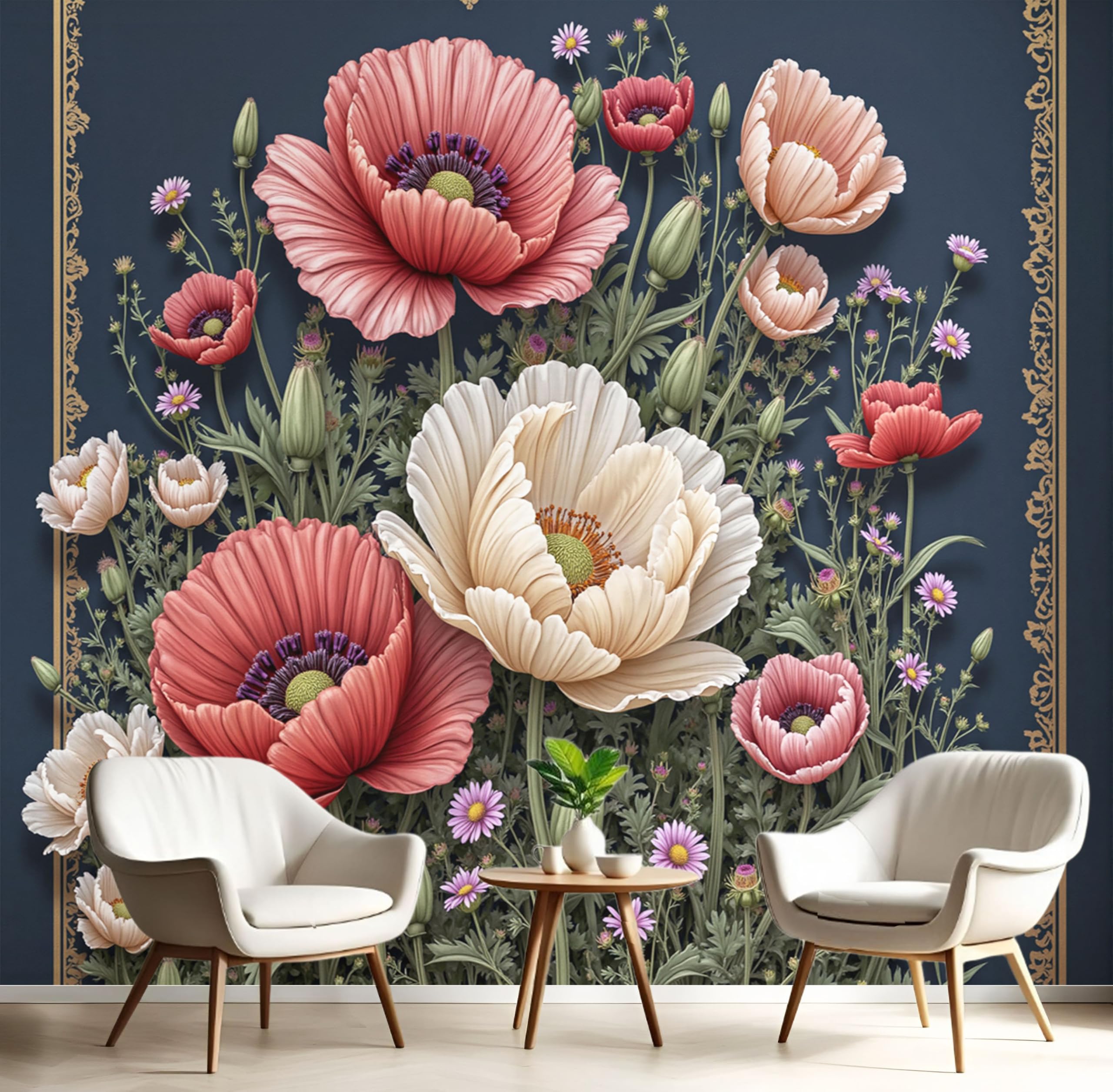 Papier peint panoramique coquelicots 350x256cm poster bleu foncé vintage