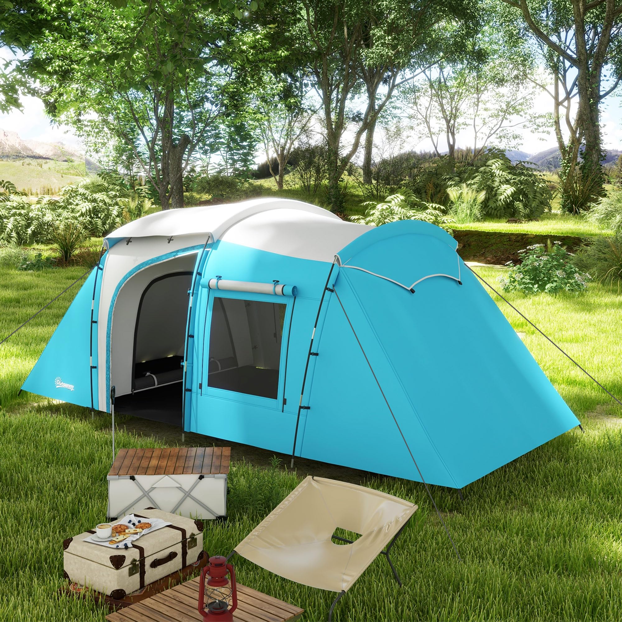 Outsunny Rodzinny namiot kempingowy dla 3–4 osób z 2 sypialniami, 4 oknami i 4 drzwiami, torba transportowa, wodoodporny, 460 x 220 x 175 cm, niebieski