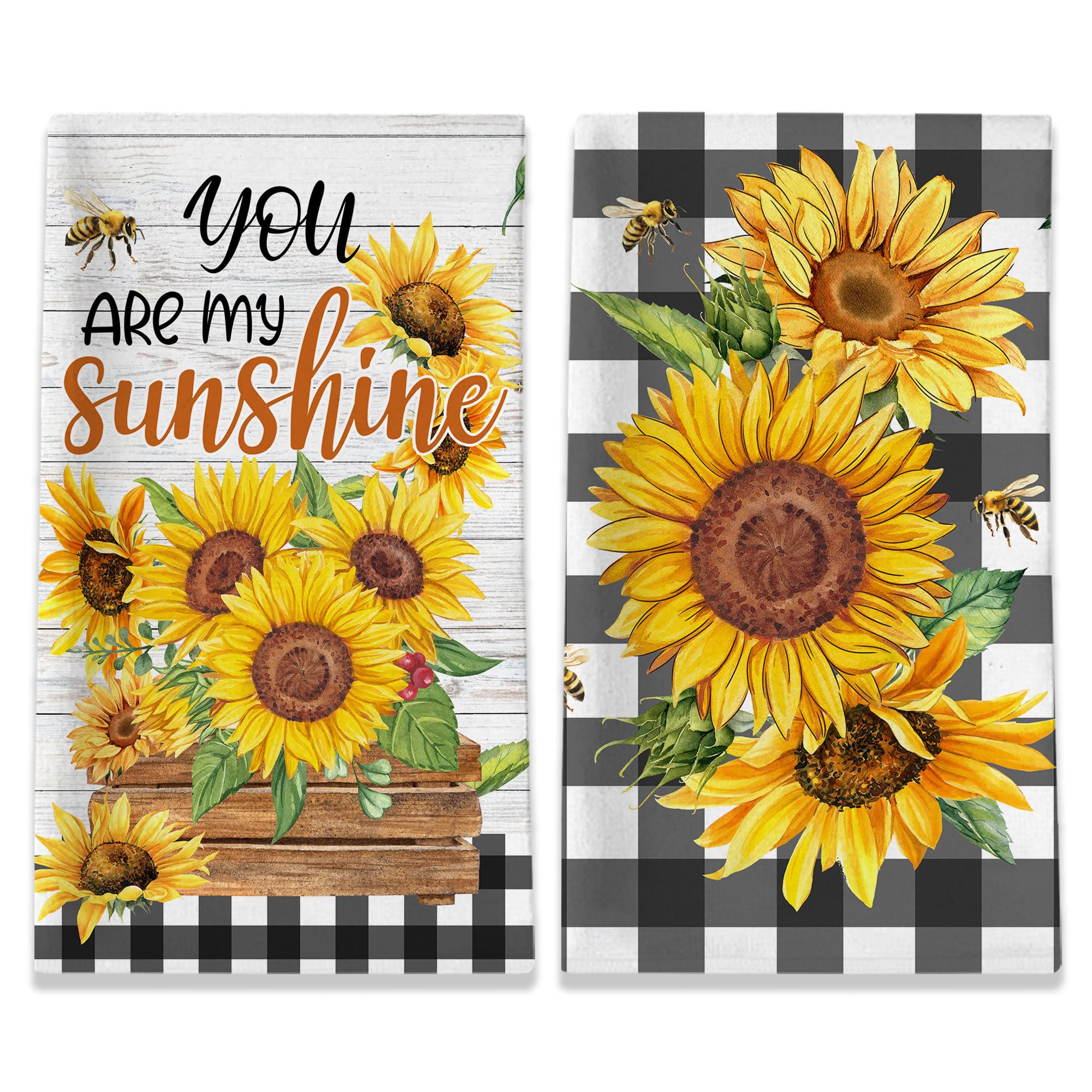 Unibyby Sunflower Kitchen Towels, You are My Sunshine Dish Towels Set of 2, Farmhouse Sunflower Kitchen Decor, Summer Floral Buffalo Plaid Yellow Hand Towels for Housewarming (18x26 Inches)