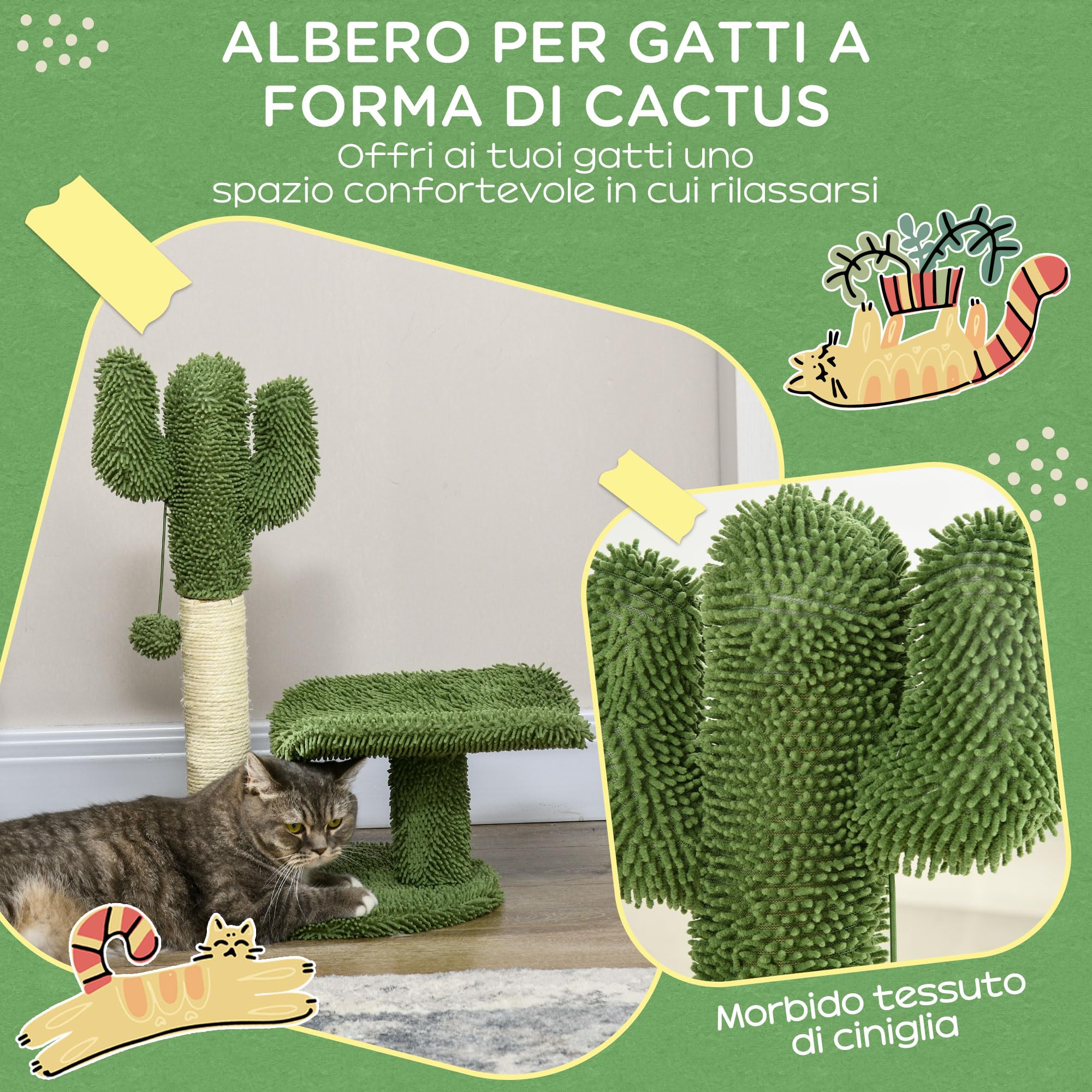 PawHut Albero per Gatti a forma di Cactus con Tiragraffi, Pallina da Gioco e Piattaforma, Torre per Gatti in Truciolato e Ciniglia, 35x31x55.5 cm, Verde e Bianco