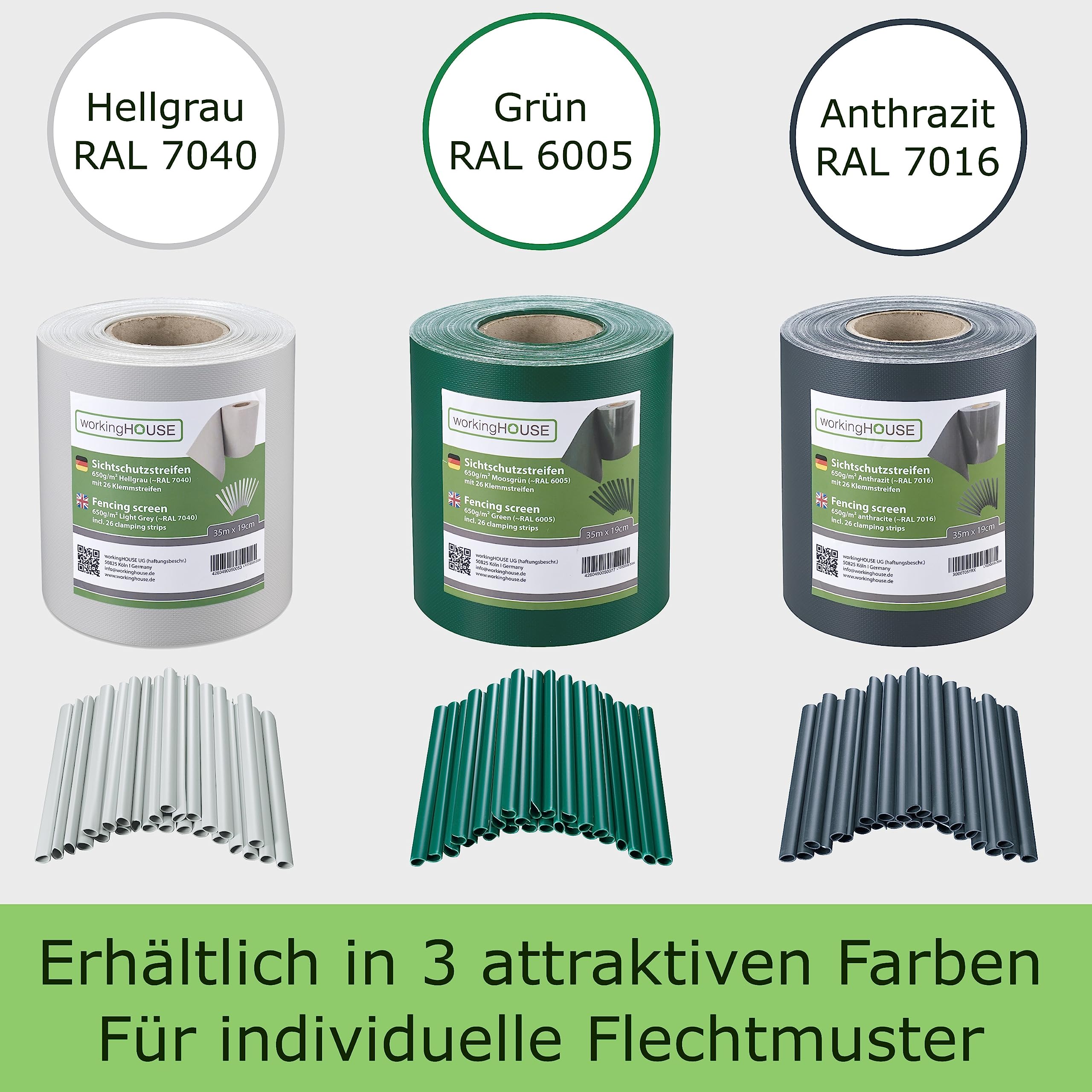 WORKINGHOUSE PVC Sichtschutzstreifen 650g/m² Premium für Doppelstabmatten Zaun – 35m Rolle, Anthrazit RAL 7016 | Wind- & Blickschutz, wetterfest, inkl. Clips
