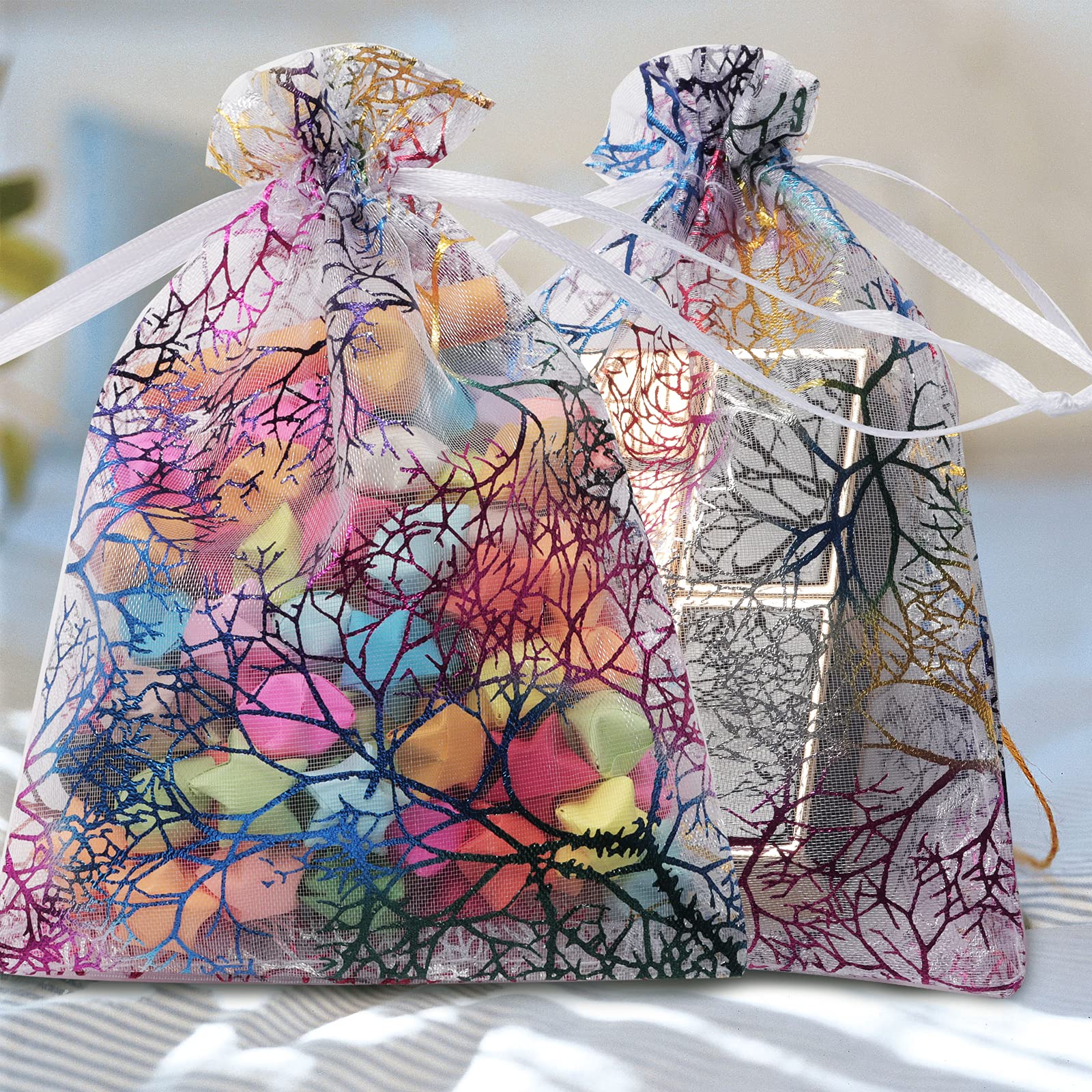 Lyaor 100 Pcs Sacs Organza Corail 10x15cm - Pochettes Cadeaux Transparentes Avec Cordon