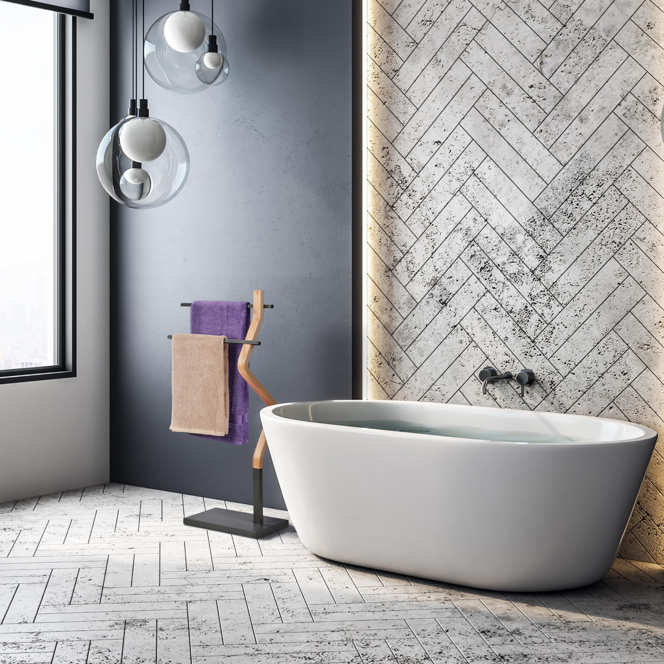 Relaxdays Porte-Serviettes au Design Original, 2 Barres en métal, Acier et MDF, HLP : 85x43,5x20 cm, Nature et Gris