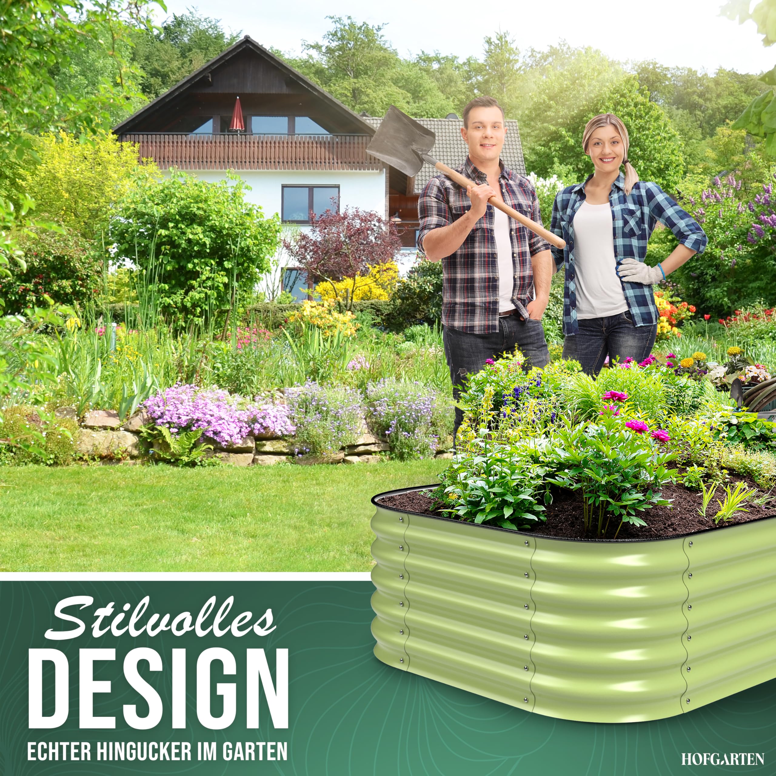 HOFGARTEN Hochbeet Metall 200x60x42 cm - Hochwertiges Gartenbeet aus Zn-Al-Mg Stahl - wetterfest & rostgeschützt - Modularer 6-in-1 Bausatz QuickGrow (Salbei)