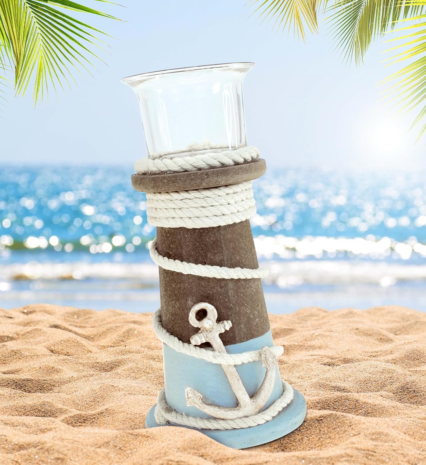 COTA Global Evian Wooden Coastal Decor Nautical Candle Holder - Tabletop Centerpiece, Ocean-Themed with Decorative Nautical Rope and Anchor Design - Handmade, Color May Vary image 5