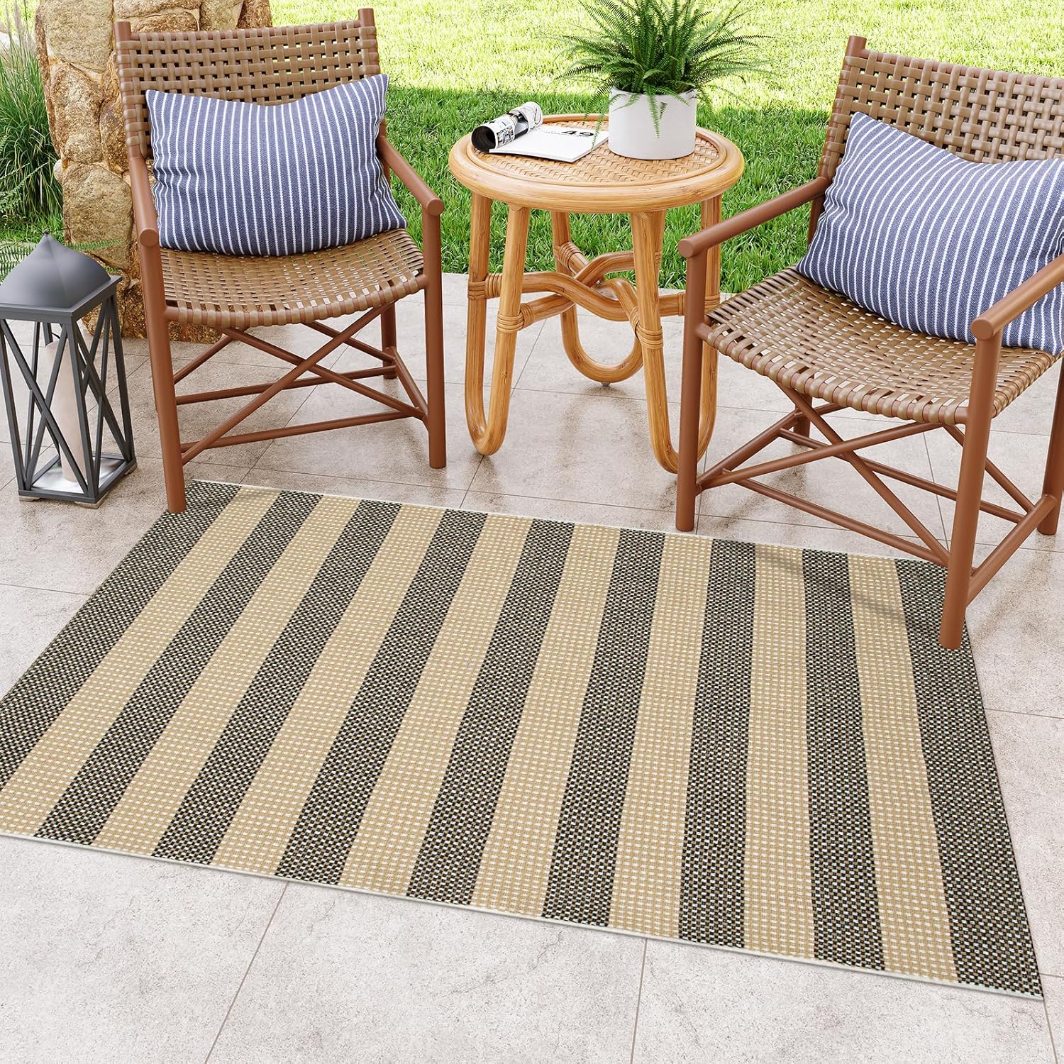 OJIA Tan Washable Outdoor Rug 3'x5', Front Door Mat Outside Entrance Cotton Woven Indoor Outdoor Rugs Striped Entryway Rugs Small Outdoor Rug Door Mats for Porch Patio Kitchen Entry