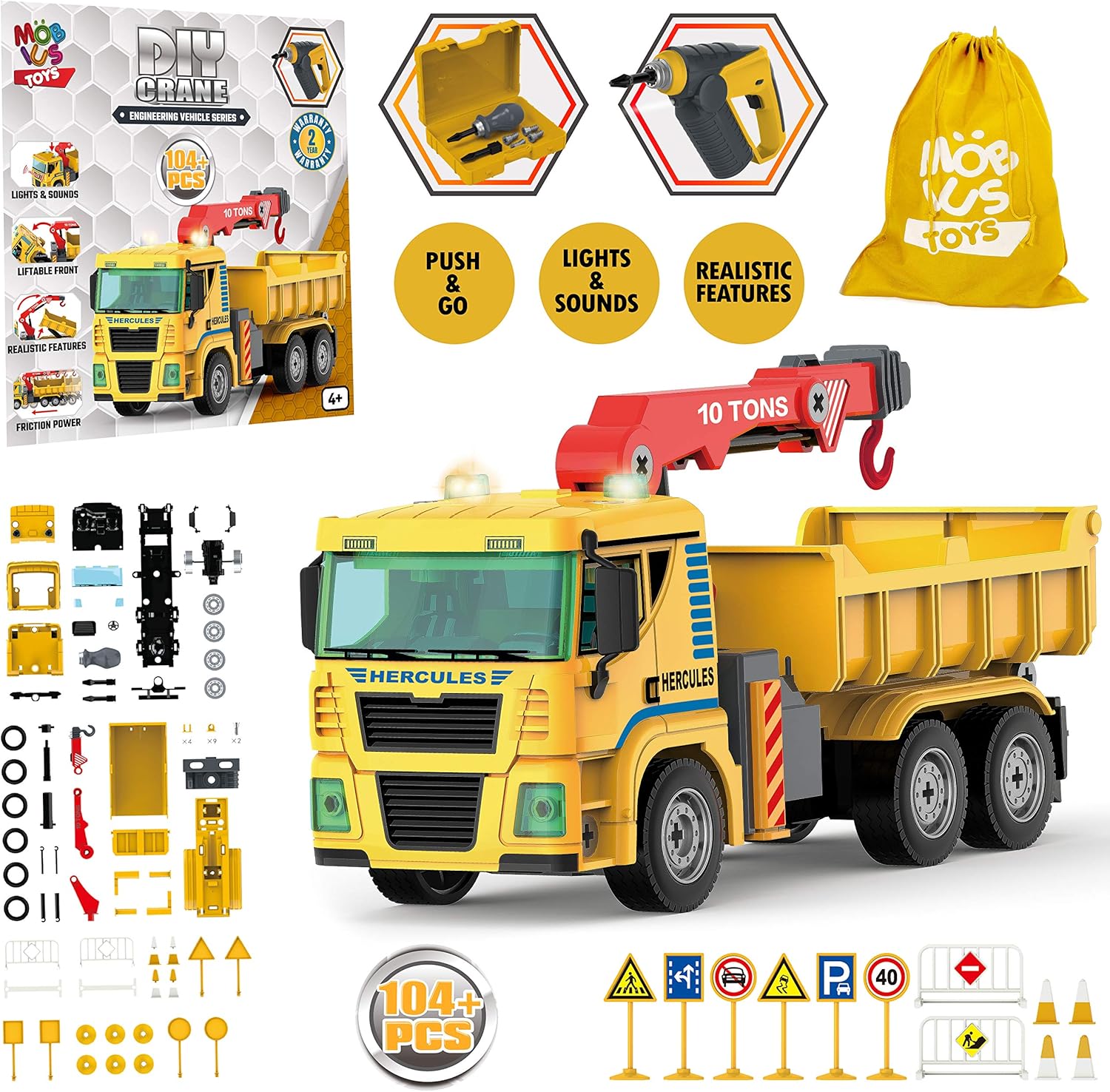 Construction Crane Truck - 104 Pcs Friction Power STEM Toys Take Apart Toy with Drill Tool, Push & Go Lights & Sounds for Kids - Construction Vehicle for Boys Ages 4 5 6 7 8 Years Old : Automotive